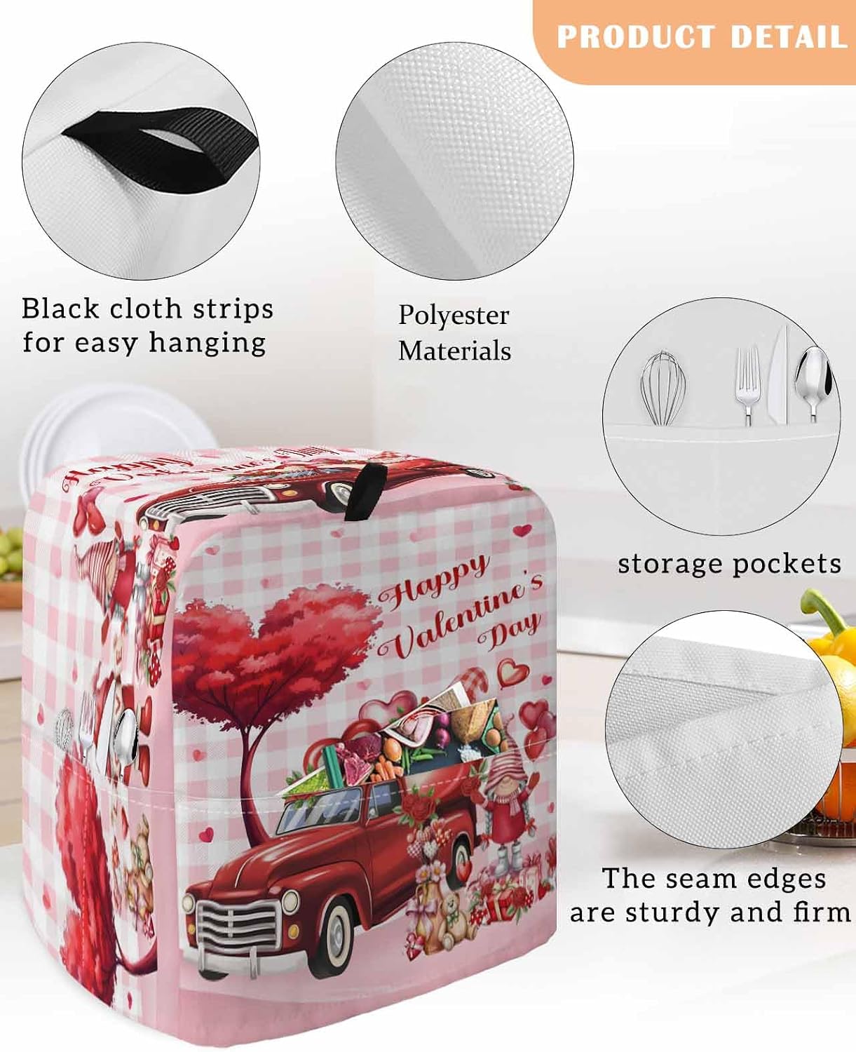 Stand Mixer Cover with Storage Pocket, Pink Valentine's Day Waterproof Kitchen Mixer Covers, Love Heart Gnomes Truck Roses Plaid Kitchen Appliance Dust Cover Compatible with 6-9 Quart Mixers