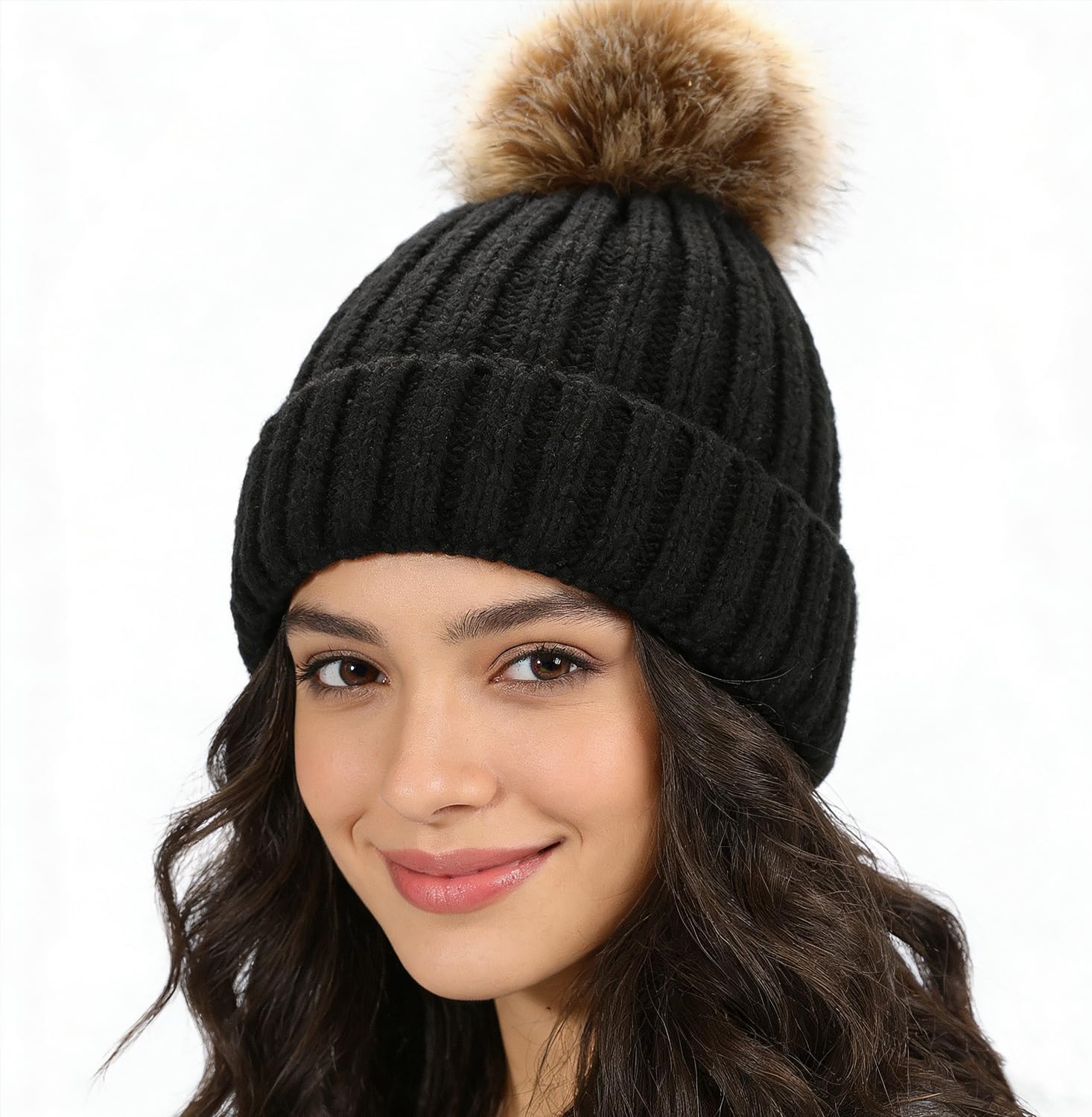 Warm Knit Beanie with Fluffy Pom Pom - Stretchable Acrylic Skull Cap for Hair Protection, for Women Men Winter