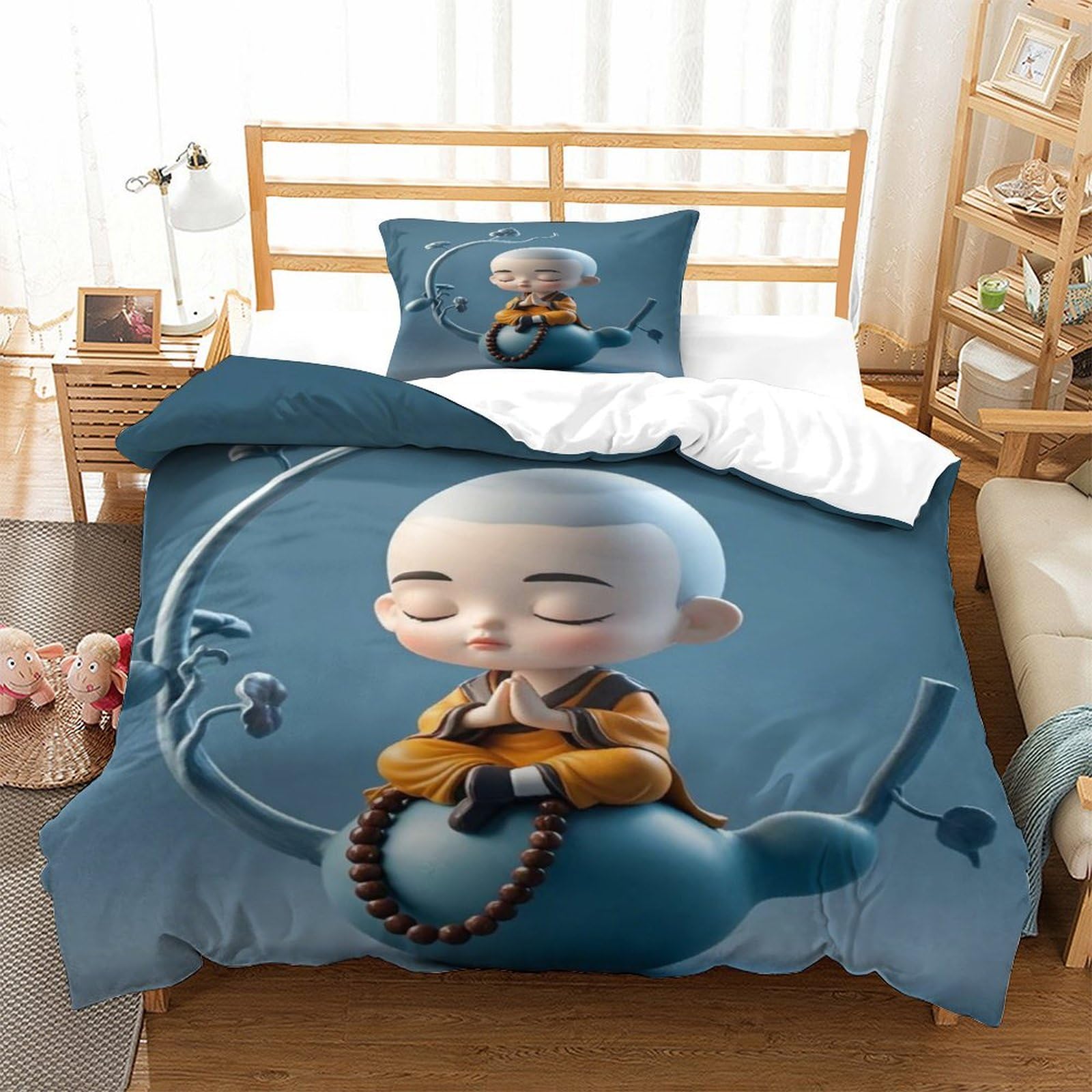 LILIlaobiao Buddhist Monk Breathable Bedding Set Hidden Zipper Buddha Duvet Cover Set with Pillowcases Quilt Cover Set Soft Microfiber Comforter Cover for Various Sizes Beds Single（135x200cm）