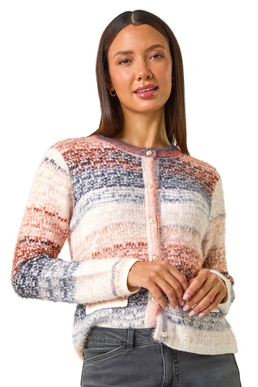 Roman Originals Women's Denim Multi Fluffy Buttoned Knit Cardigan For Uk - Everyday Autumn Winter Round Neckline Comfy Soft Evening Vacation Work Party Night Out - Size 14