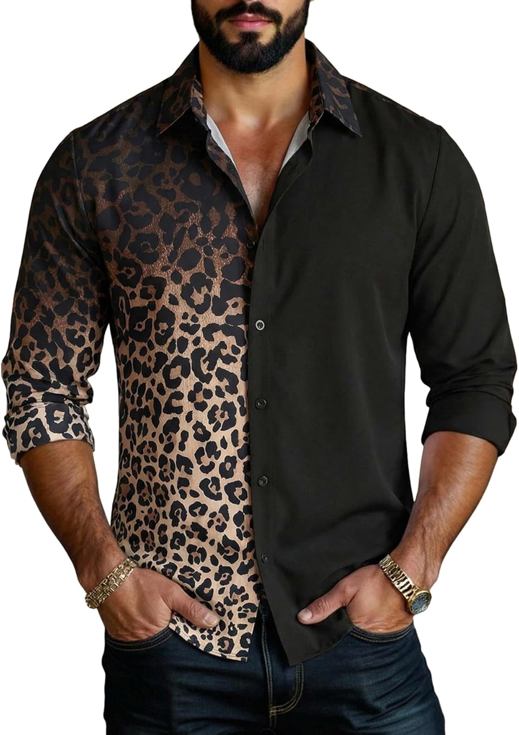 Men's Leopard Shirts Cheetah Long Sleeve Button Down Collared Shirts 70s Disco Party Top