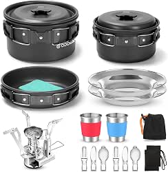 Odoland 16pcs Camping Cookware Mess Kit with Folding Camping Stove,