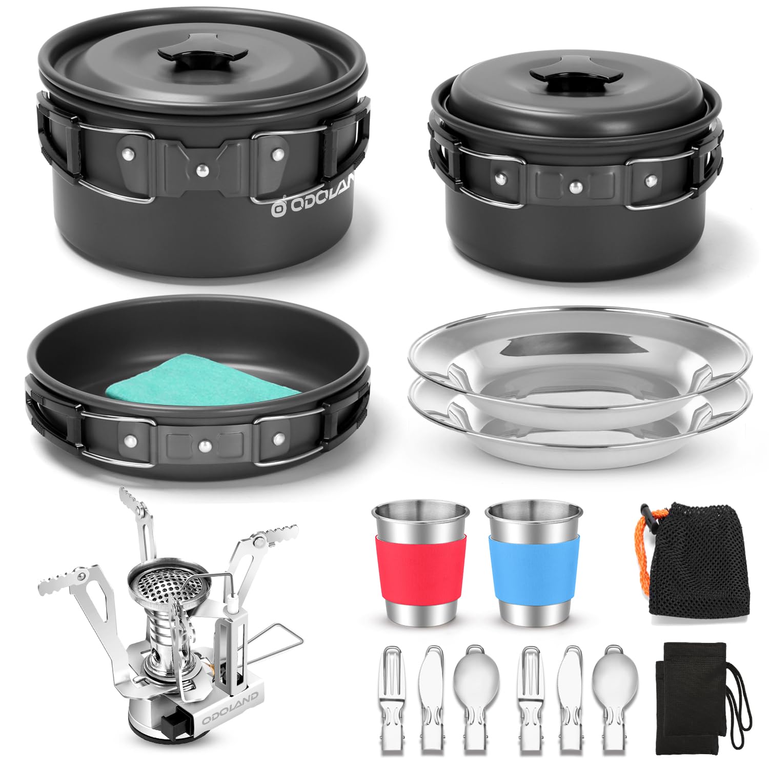 Odoland Lot de casseroles de Camping avec casseroles et poêle à Couverts pliants, crevettes pour 1 à 2 Personnes légères et compactes pour Camping, randonnée, Pique-Nique, randonnée