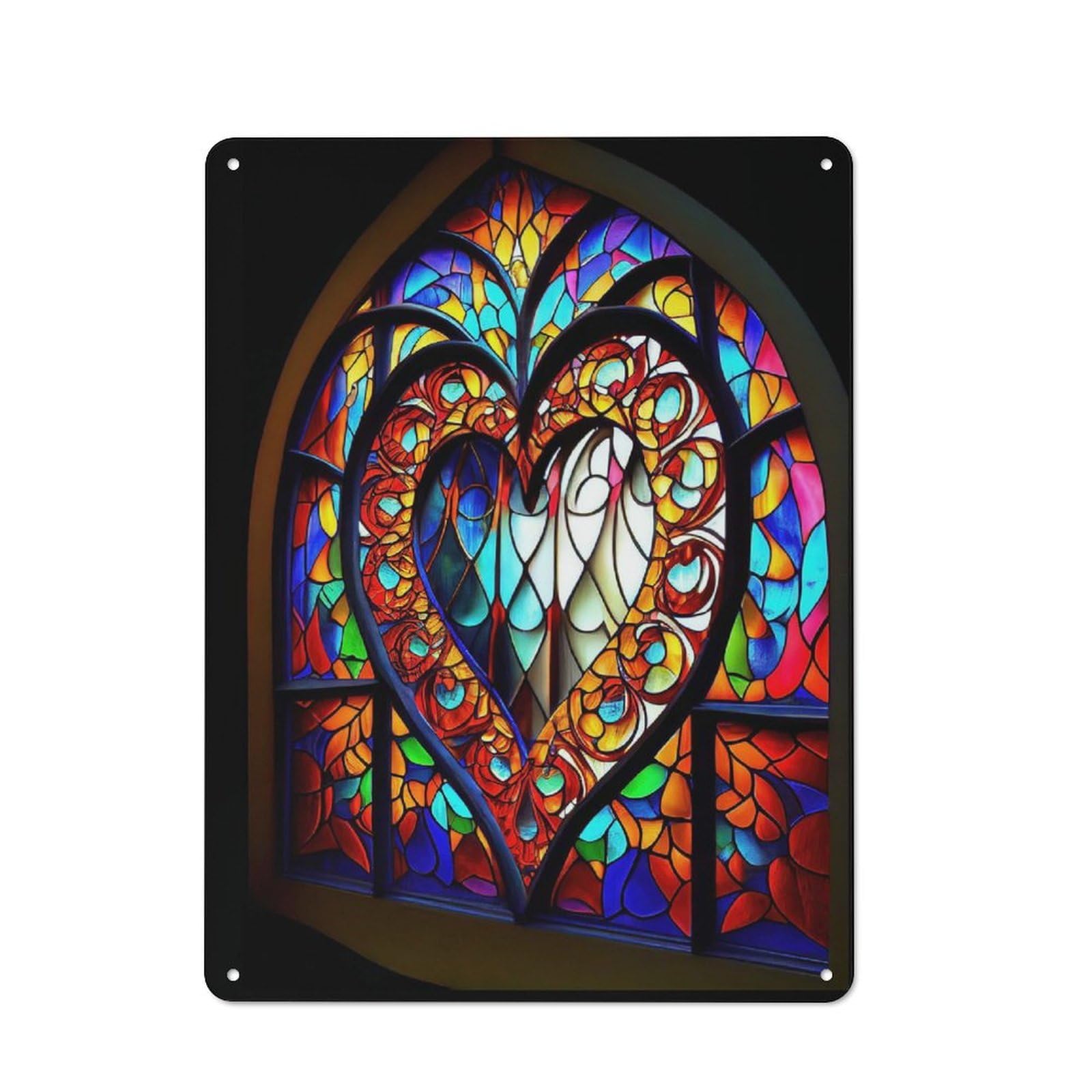 Junmoney Stained Glass Heart Rustic Metal Plaque 40X30cm For Lounge Or Reading Corner, For Home Office, Studio And Craft Room Walls