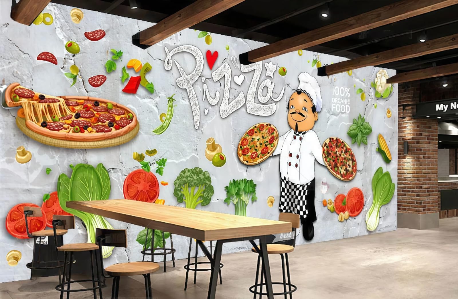 XDOUBAO Wallpaper Cartoon Hand-Painted Delicious Pizza Shop Vegetable Snacks Afternoon Tea Coffee Shop Background Mural Western Restaurant Wallpaper,3D,200x140cm