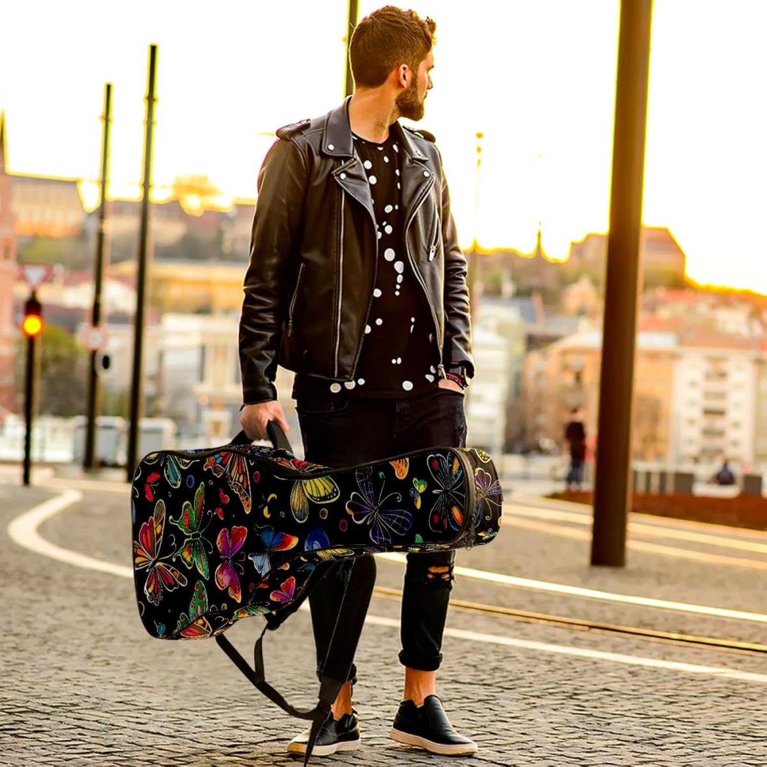 Acoustic Guitar Bag, 40 41 42 Inch Guitar Case Cover Soft Guitar Gig Bag for Acoustic Electric Bass Classical Guitar, Aesthetic Colorful Butterflies Black Background