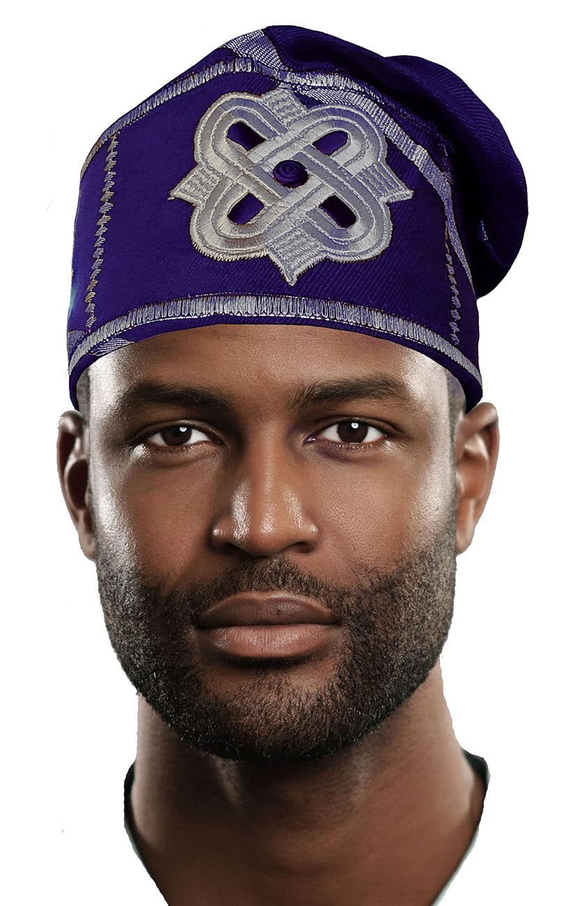Royal-Blue and Silver Embroidered African Hand woven Aso Oke Hat