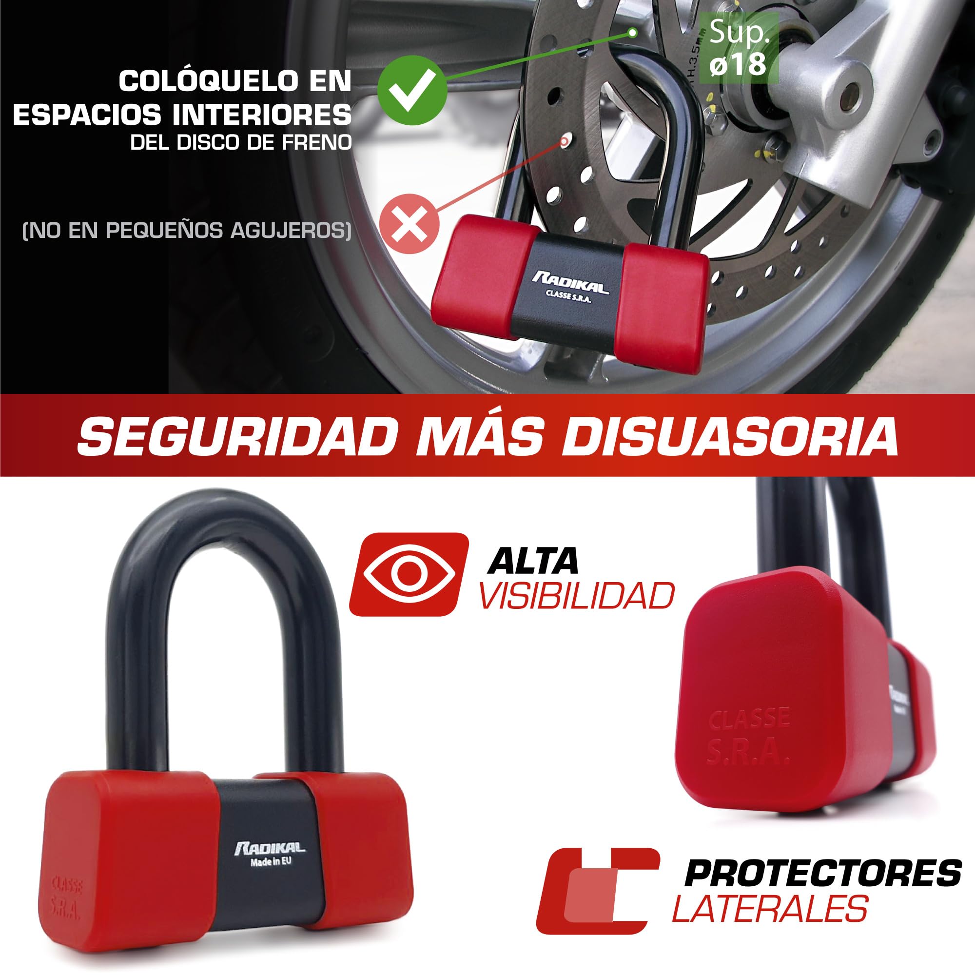 RADIKAL RK75+10.120L Candado Cadena Sistema Lazo ø10 + Candado Moto Disco Mini U Alta Seguridad Homologado Classe SRA, 120cm Mayor Distancia, Antirrobo Multifunción para Anclaje, Motocicleta, Parking