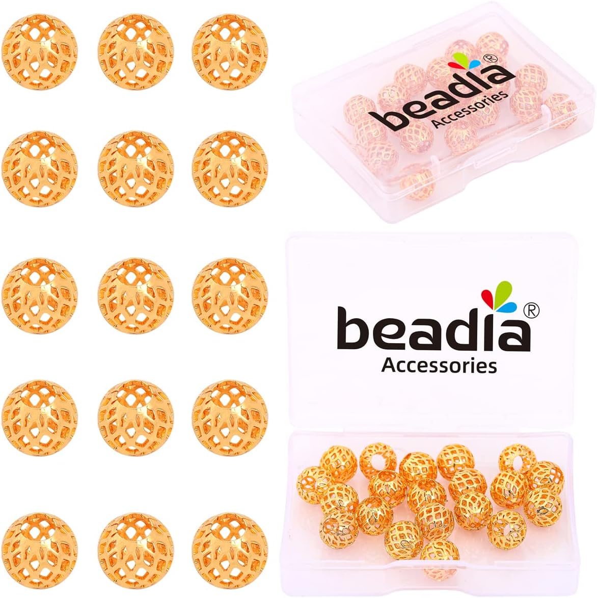 BEADIA 18K Gold Plated Round Hollow Spacer Beads 10mm 20pcs Large Hole for Jewelry Making Findings Gold 1# 10mm