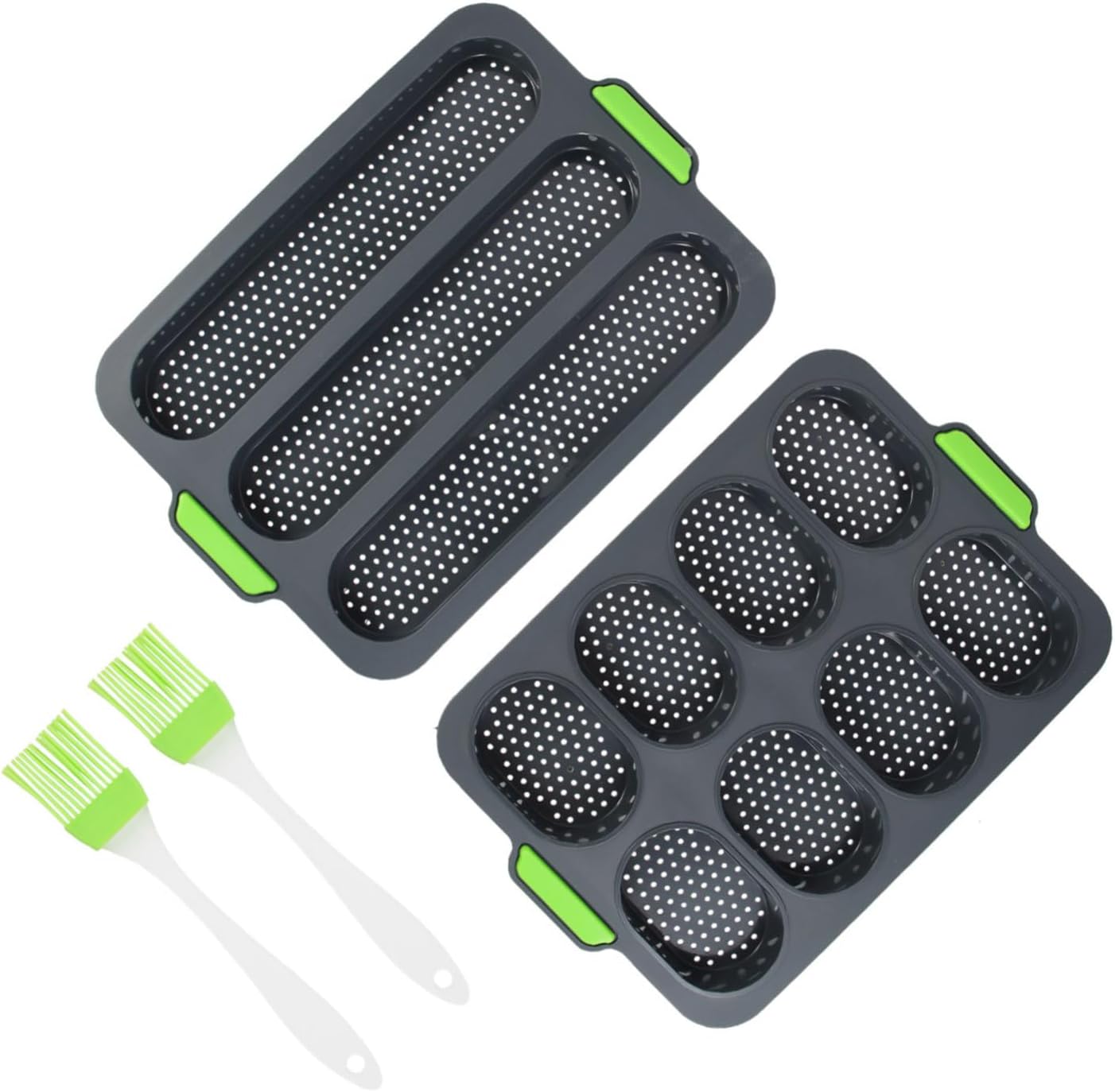 Ciieeo 4-Piece French Bread Pan Set Silicone Bread Mold 8-Cavity Oval Cake Molds 3-Slot Brush Non-Stick for Home Bakers
