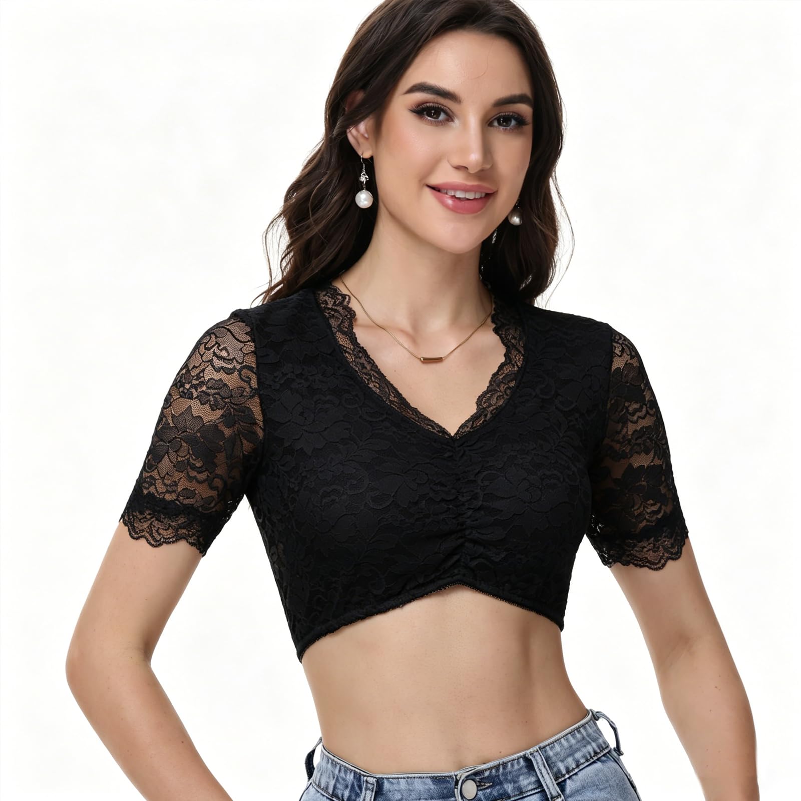 Ahigh Dirndl Bluse Damen Spitze Blumen Dirndlbluse Weiß Schwarz u.a. V-Ausschnitt Dirndl Blusen Kurzarm Elegant Trachtenbluse für Oktoberfest & Festliche Anlässe Größe 34-46