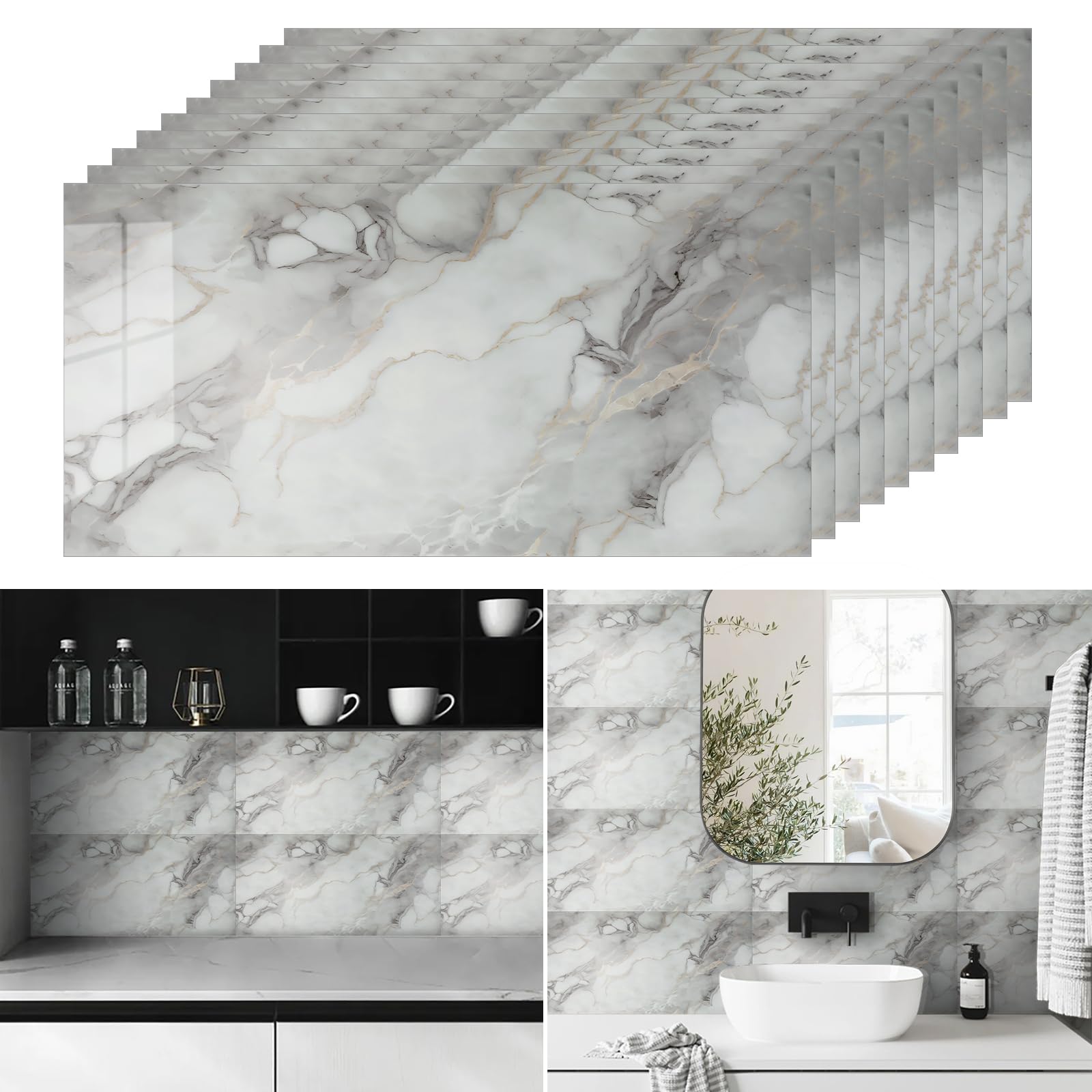 Tarwanear Self Adhesive Wall Tiles, Stick on Marble Tile, 10pcs 60x30cm
