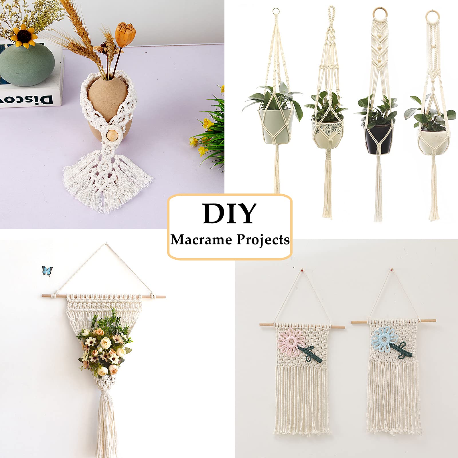 Kit de macramé de 169 piezas para principiantes de 0.118 in x 220 yardas, de algodón natural, para colgar en la pared, los mejores suministros de macramé para colgar plantas de macramé con cuentas de 7
