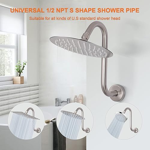 Miniatura 3 de HarJue Brazo de ducha en forma de S, cabezal de ducha de 12 pulgadas, tubo de extensión de tiro alto, conexión estándar de 12 pulgadas con brida,