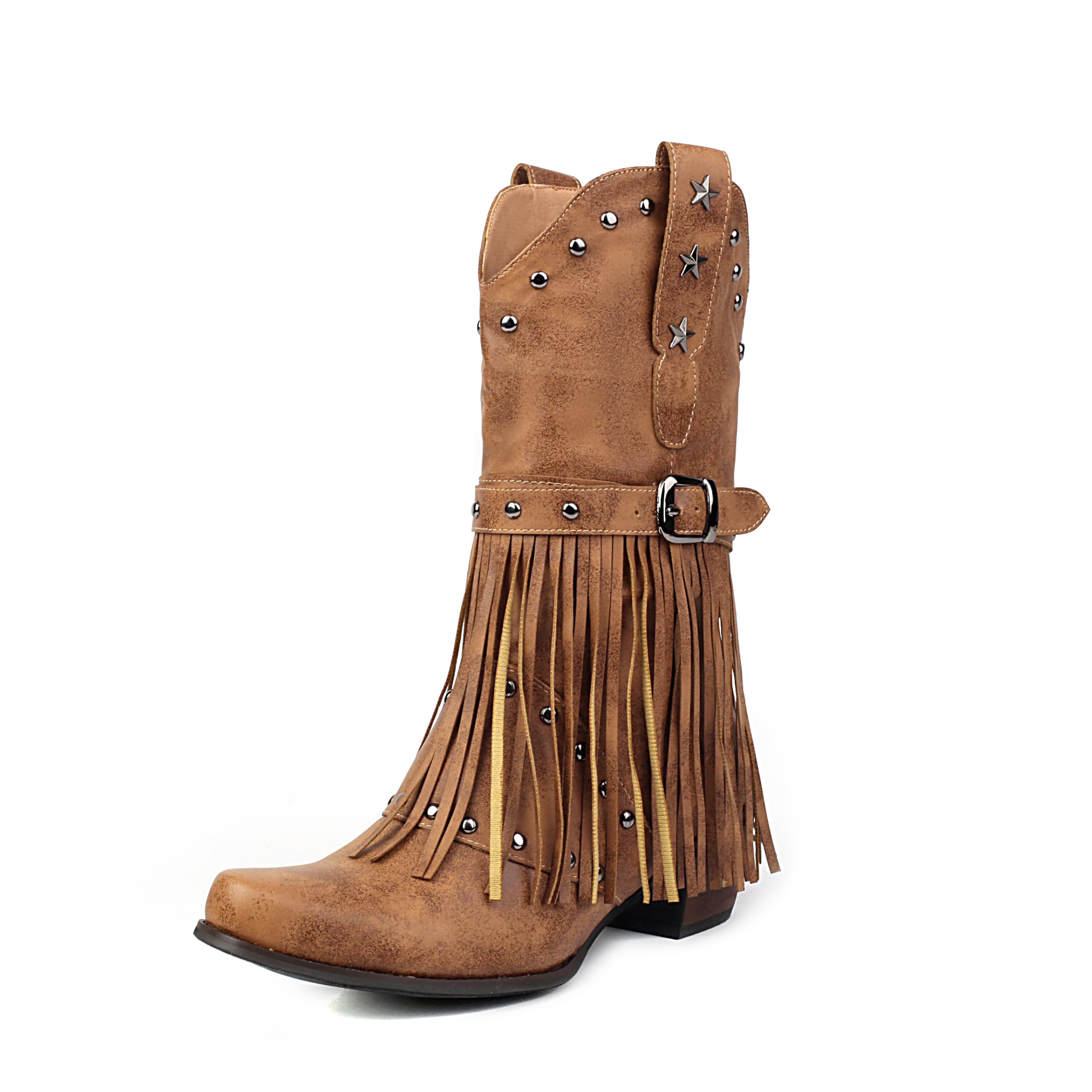 Womens Fringe Cowboy Boots Chunky Heel Belt Buckle Mid Calf Boots Studded Pointed Toe Western Tassel Cowgirl Boots