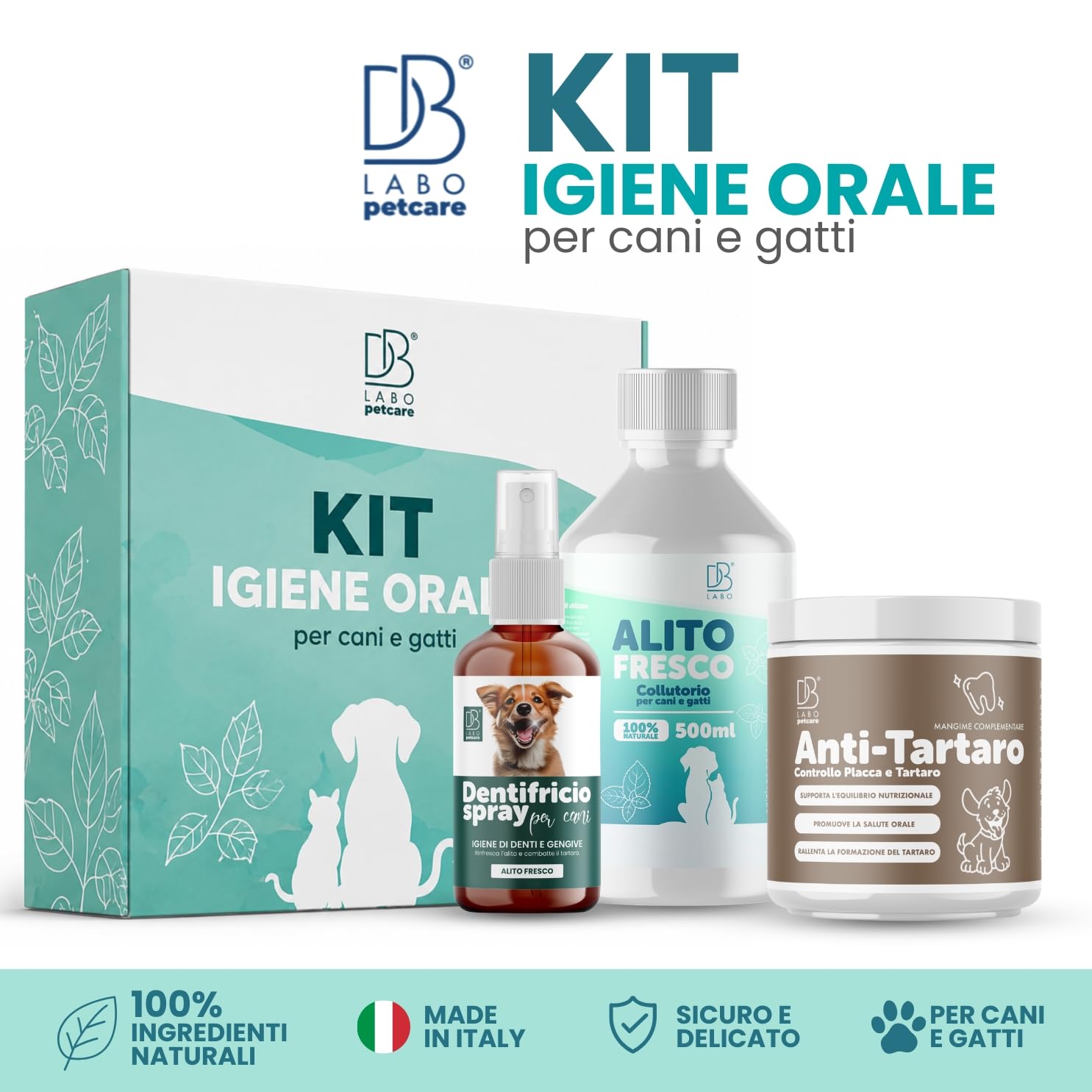 Kit Pulizia Tartaro Denti Cane Spray Dentifricio, Colluttorio, Antitartaro | Set 3 prodotti Igiene Orale Cani con salvia, menta, tea tree, propoli e alga per denti, gengive e alito cane - Made in Ital