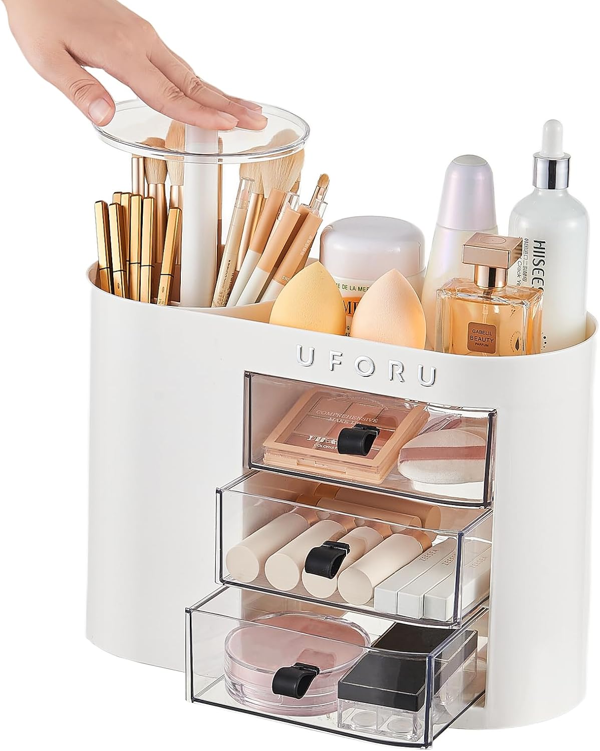 Makeup Organizer with Pop-Up Brush Holder for Dresser Vanity, Plastic Bathroom Counter Organizer with 3 Drawers & Dust-Proof Cover, Cosmetic Display Case for Lipstick, Skincare, White