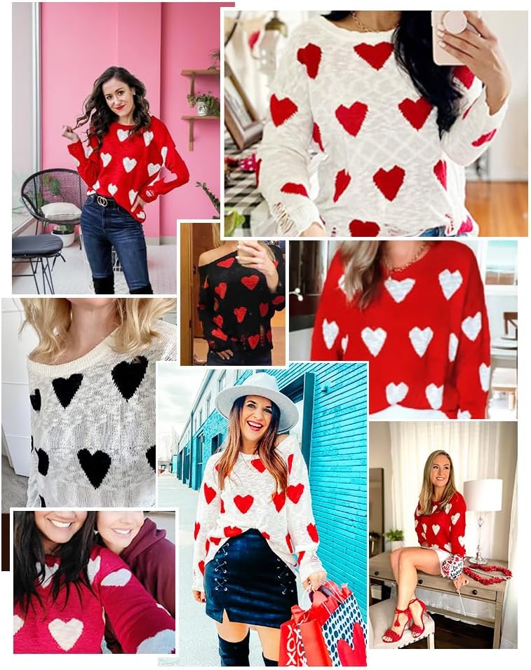 Valentines Heart Sweater for Women Crewneck Long Sleeve Knitted Cute Sweaters Shirts Ripped Hem Red Tops - Image 4