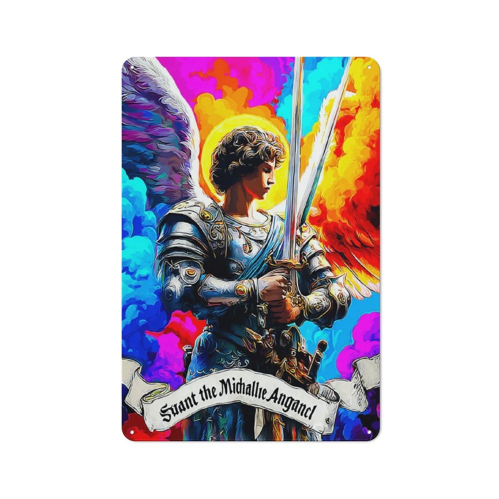 Junmoney Saint Michael Archangel Of Protection Retro Metal Sign 30X20cm, Garage Style Shed Wall Plaque For Garage, Hobby Room, Office Or Man Cave