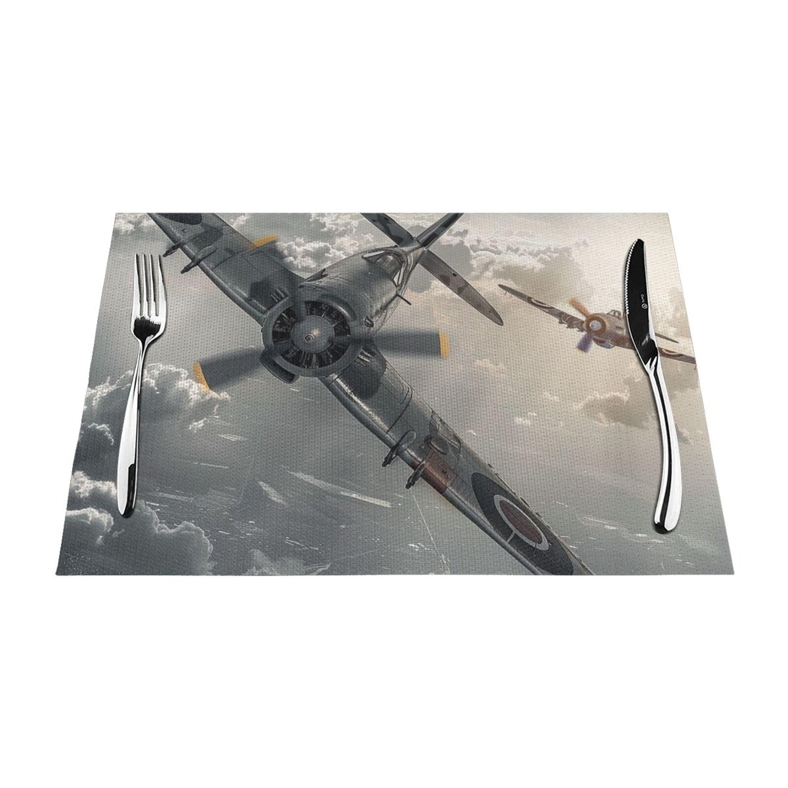 World War 2 Aircraft Airplane Printed PVC Placemat 4 PCS for Kitchen Dining Table Heat-resistand Washable Table Mats 18x12 in