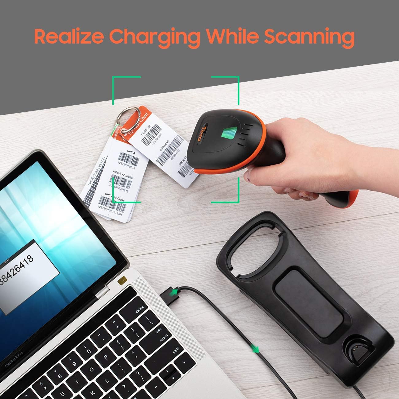 Tera 2D Barcode Scanner with Adjustable Folding Stand and Charging Cradle, Wall Mountable 2.4G Wireless & USB 2.0 Wired QR Bar Code Reader with Vibration Alert Model D5100-Fold : Office Products
