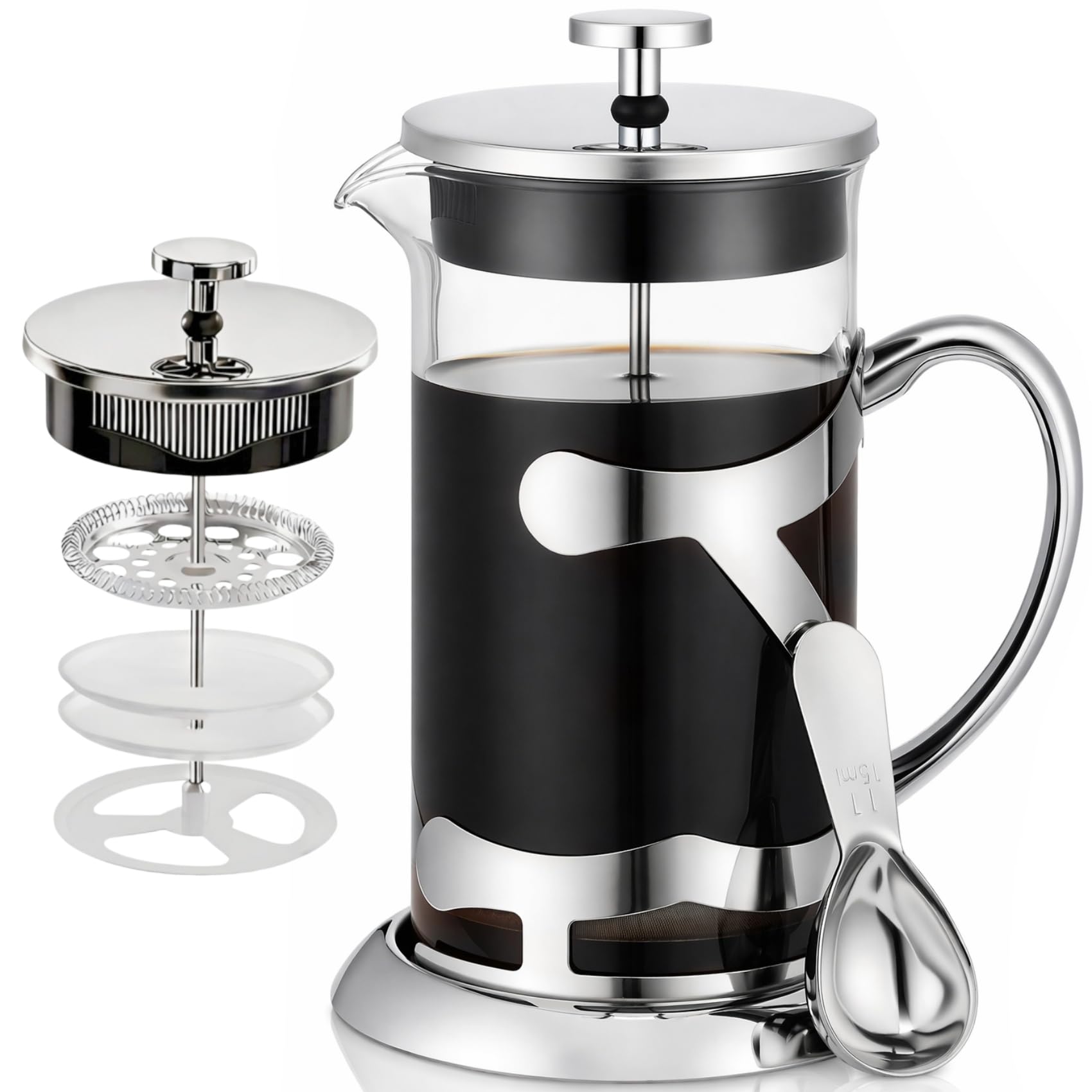 Stainless Steel French Press Coffee Maker 1L, 34oz Heat Resistant Borosilicate Glass Coff…