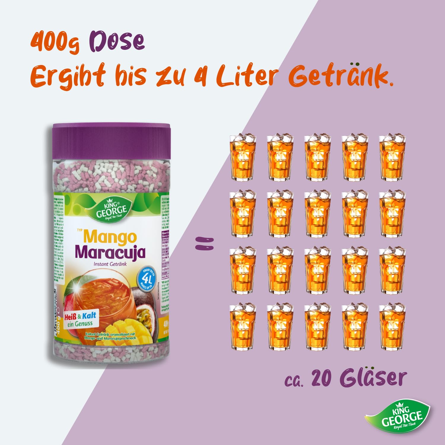 KING GEORGE - Royal Tea Time, sabor a maracuya, bebida instantánea de 6 x 400 g, 1 lata da hasta 4 litros de bebida refrescante caliente y fría