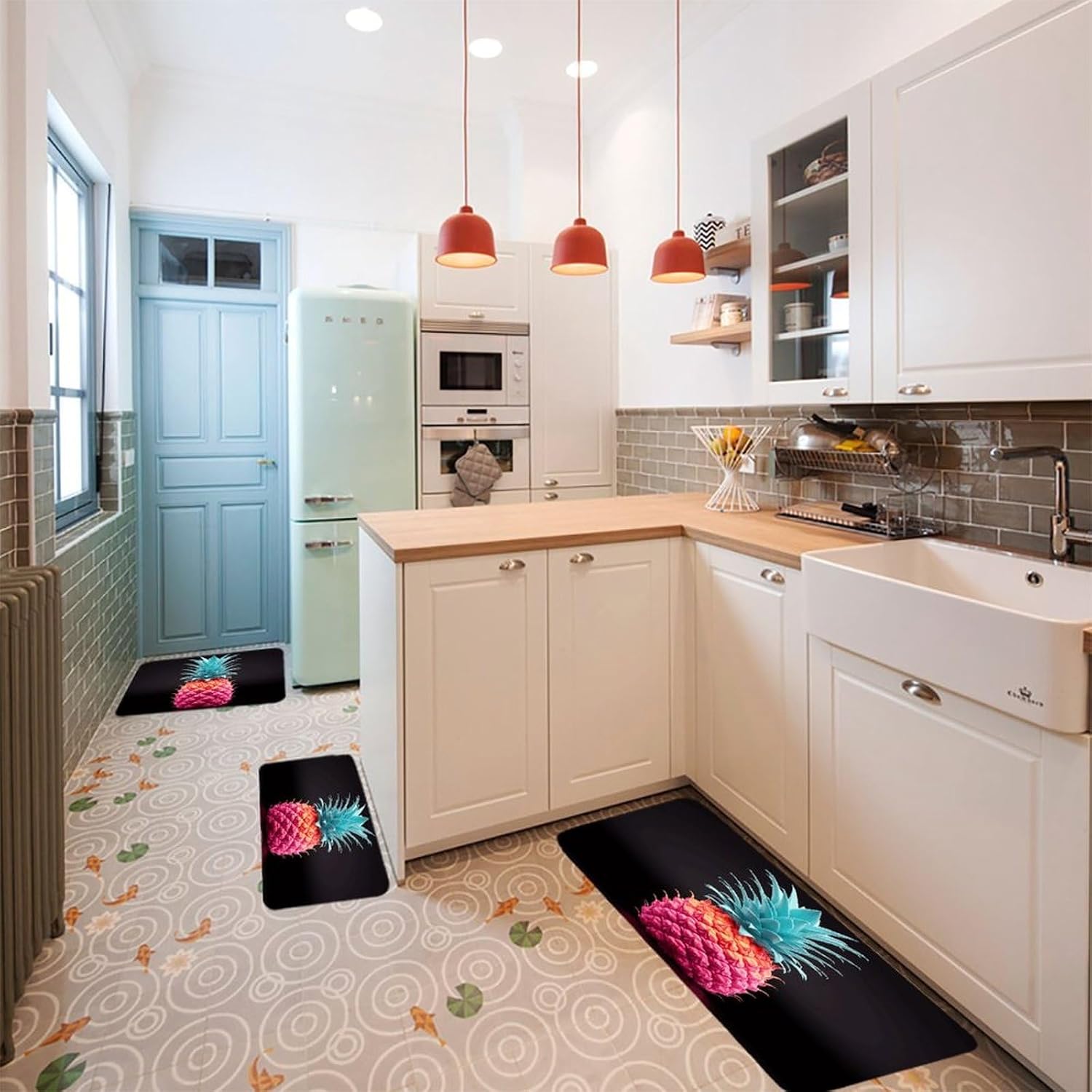 Colored Pineapple Kitchen Rugs Sets of 3 Washable Non Slip Kitchen Rug Water Resistant Carpet Piece Anti Fatigue Kitchen Mats Soft Comfort Standing Mat Modern Area Rug