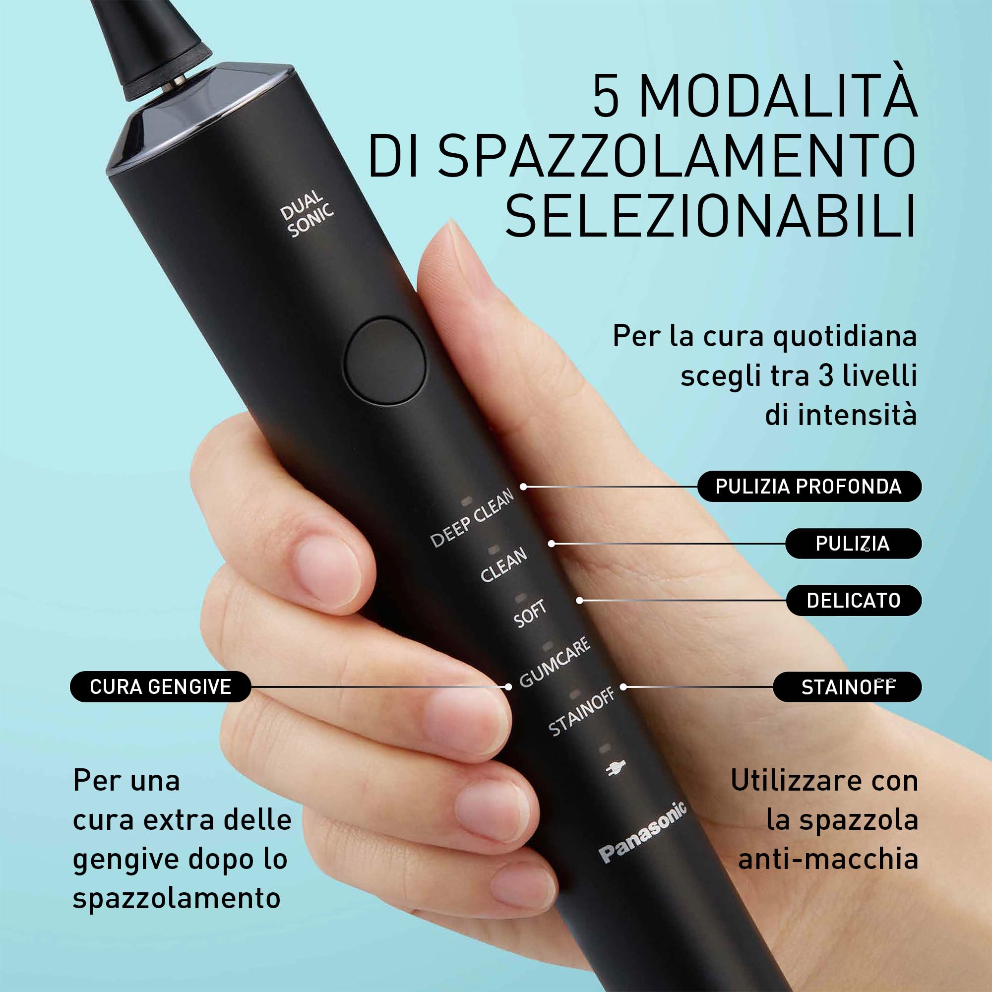 Panasonic EW-DC75 Spazzolino Sonico, Doppia Tecnologia Sonica, Nero | 5 Modalità, Testine Ultra-Fini, Ricarica Rapida USB-C, Custodia da Viaggio