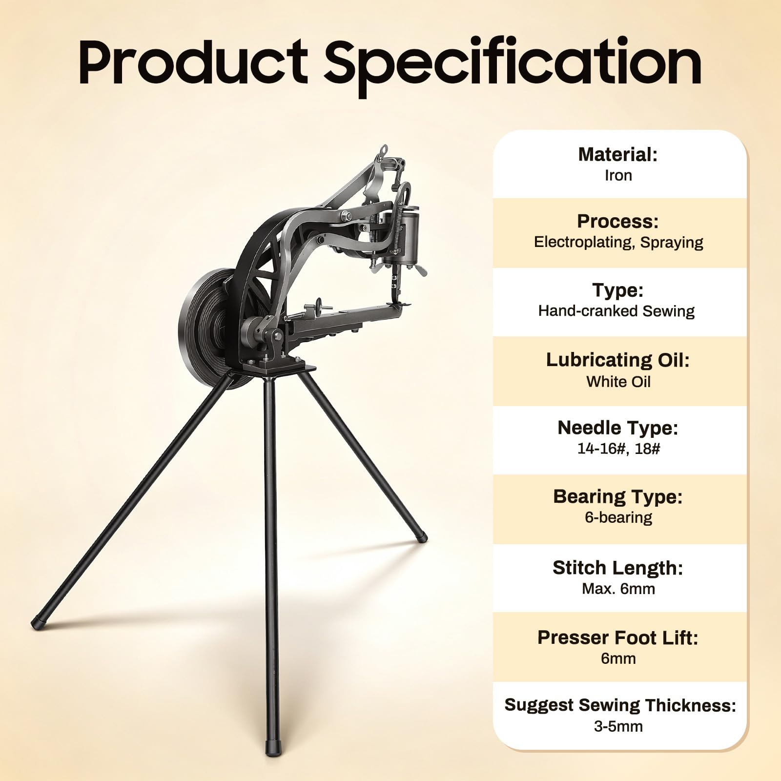 Macchina da cucire manuale in pelle, 6 mm, 3-5 mm, per riparazione di scarpe, macchina da cucire a mano con manovella regolabile a 360°, cavalletto a treppiede, 8,2 kg max. 6 mm, per officina e