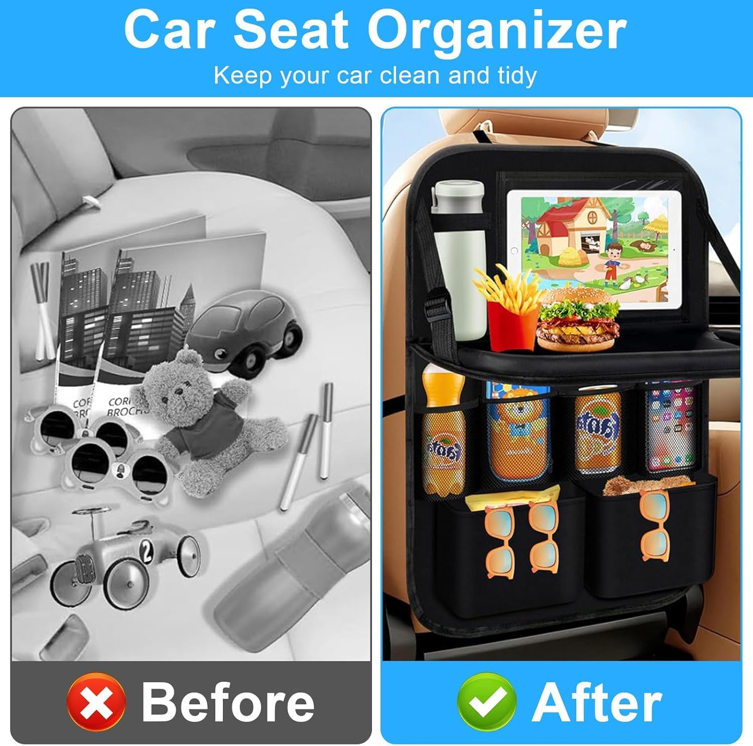 2 Stück Auto Organizer, Rückenlehnenschutz Autositz Organizer mit Tablet Tasche, Große Aufbewahrungstasche Sitzschutz Kick-Matte Leicht Zu Reinigen, Wasserdichter für Rücksitz Organizer