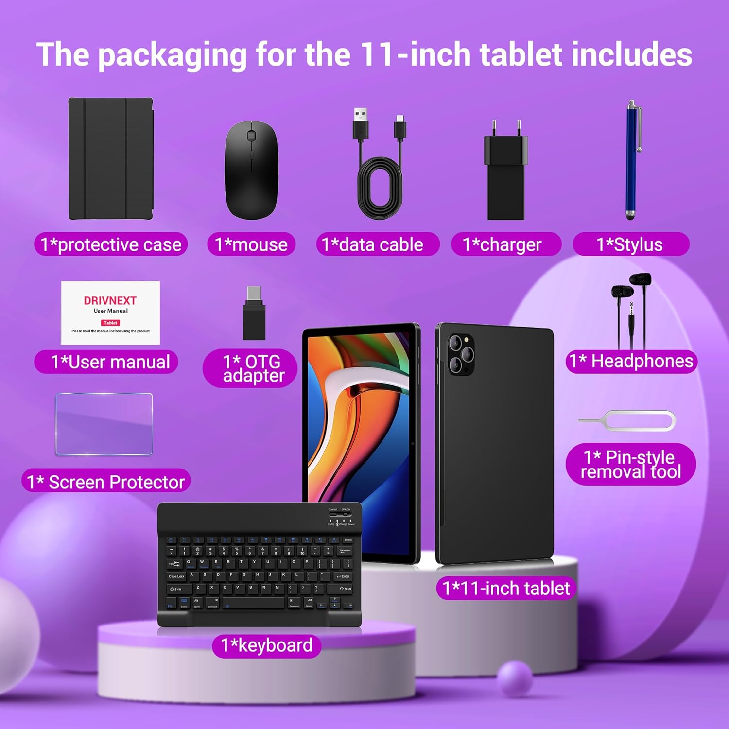 2025 Slim 11 Inch Android 16 Tablet with Keyboard,Stylus & Mouse, 2K IPS Widevine L1, 36GB RAM 256GB (1TB TF), 8000mAh, T615 8-Core,8+13MP, 5G/2.4G WiFi, FCC/CE Certified - Black - Image 7