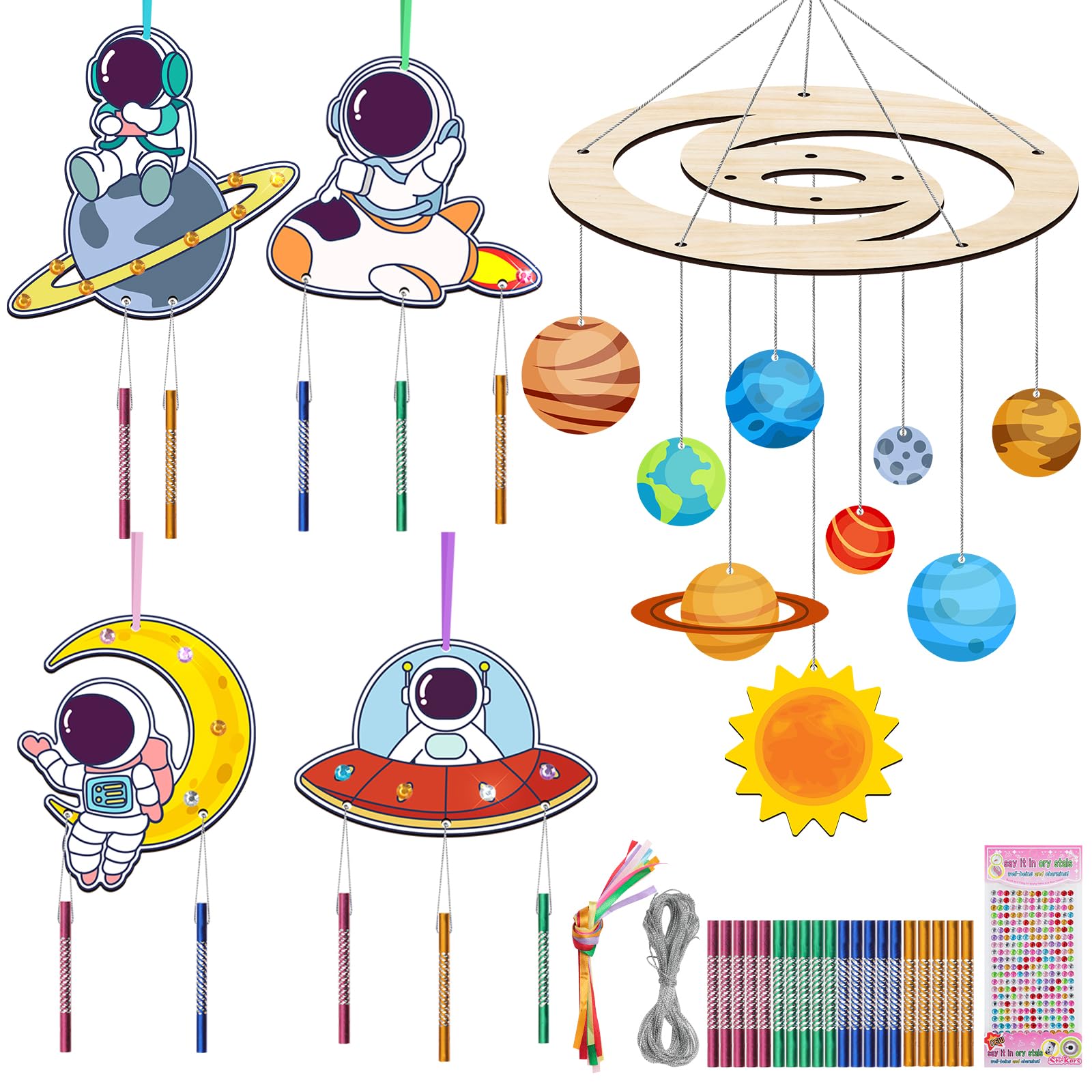 Wind Chime Kits for Kids, DIY Astronaut Wooden Cutouts Make Your Own Outer Space Wind Chime Coloring Solar System Wood Pieces 3D Wooden Crafts Christmas Craft Birthday Gifts for Kids DIY Arts Crafts
