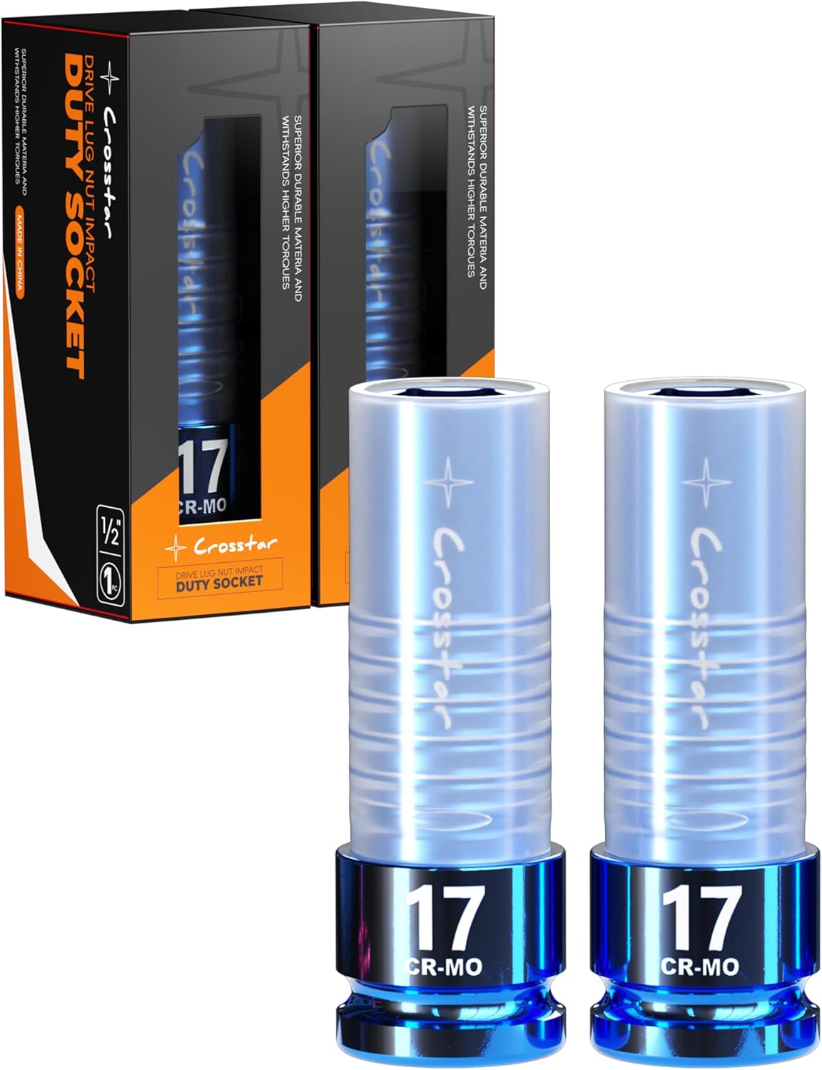 Crosstar 1/2"Drive Lug Nut Impact Duty Socket,2 Piece 17mm Deep Thin Wall Socket, Cr-Mo Steel, Non-Marring Lug Nut Wheel Sockets,Rim Protector Sleeved Sockets,Wheel Protector Hand Repair Tools