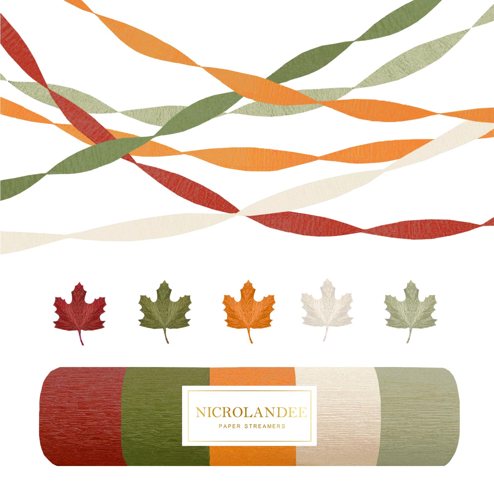 NICROLANDEE 5 Rolls Burgundy Green Orange Crepe Paper Streamers Paper Garlands Decoration for Wedding, Thanksgiving, Birthday, Fall Decor, Garden Party, Harvest Party Decorations