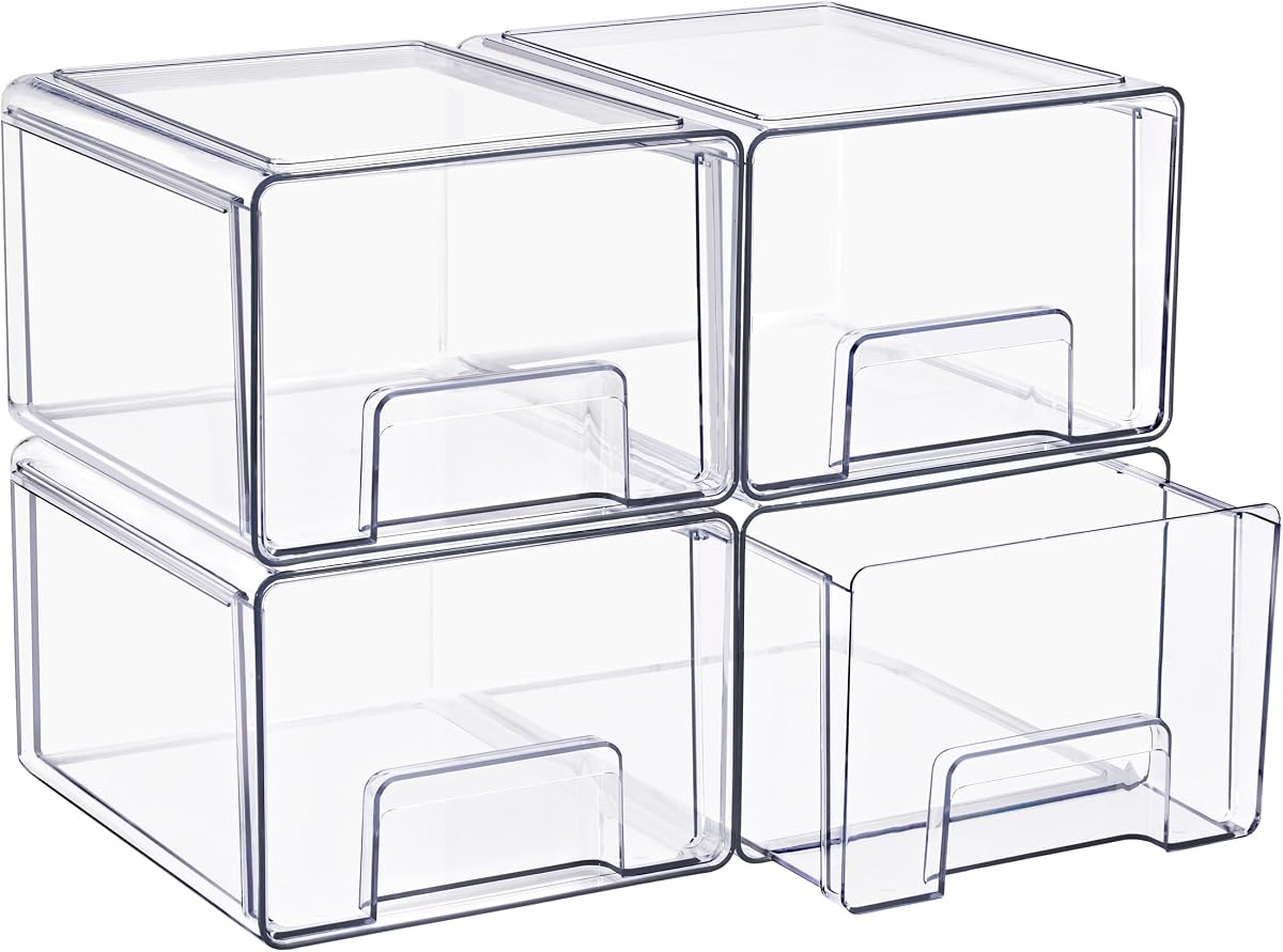 Cajones de almacenamiento apilables transparentes con asas (grandes, paquete de 4) | Organización de gabinetes extraíbles con contenedores de plástico multipaquete para baños, armarios, medicamentos, despensas y biberones.