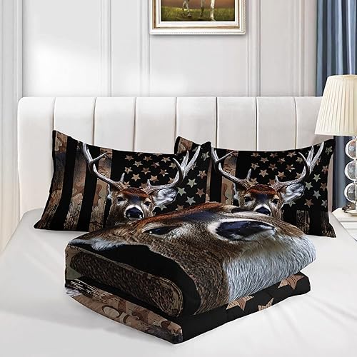 Miniatura 4 de HOSIMA Edredón de camuflaje de caza de ciervos, juego de ropa de cama de cazador, edredón de bandera estadounidense tamaño Queen para decoración de