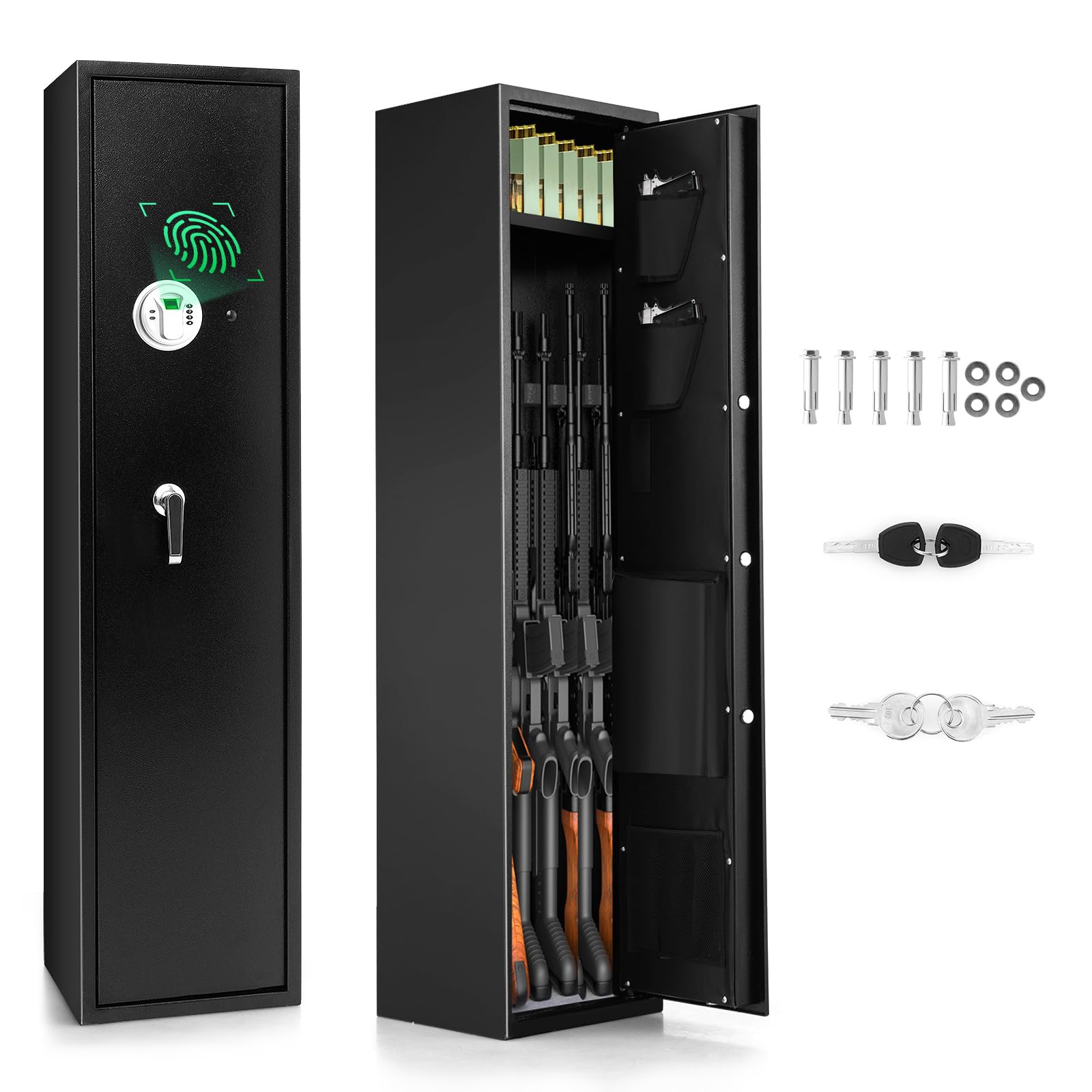 KOMFOTTEU Waffenschrank mit Fingerabdruck, Waffensafe mit digitaler Tastatur, Notfallschlüssel, Tresor, Taschen, Waffentresore für 5 Gewehre, Gewehrschränkchen Langwaffenschrank