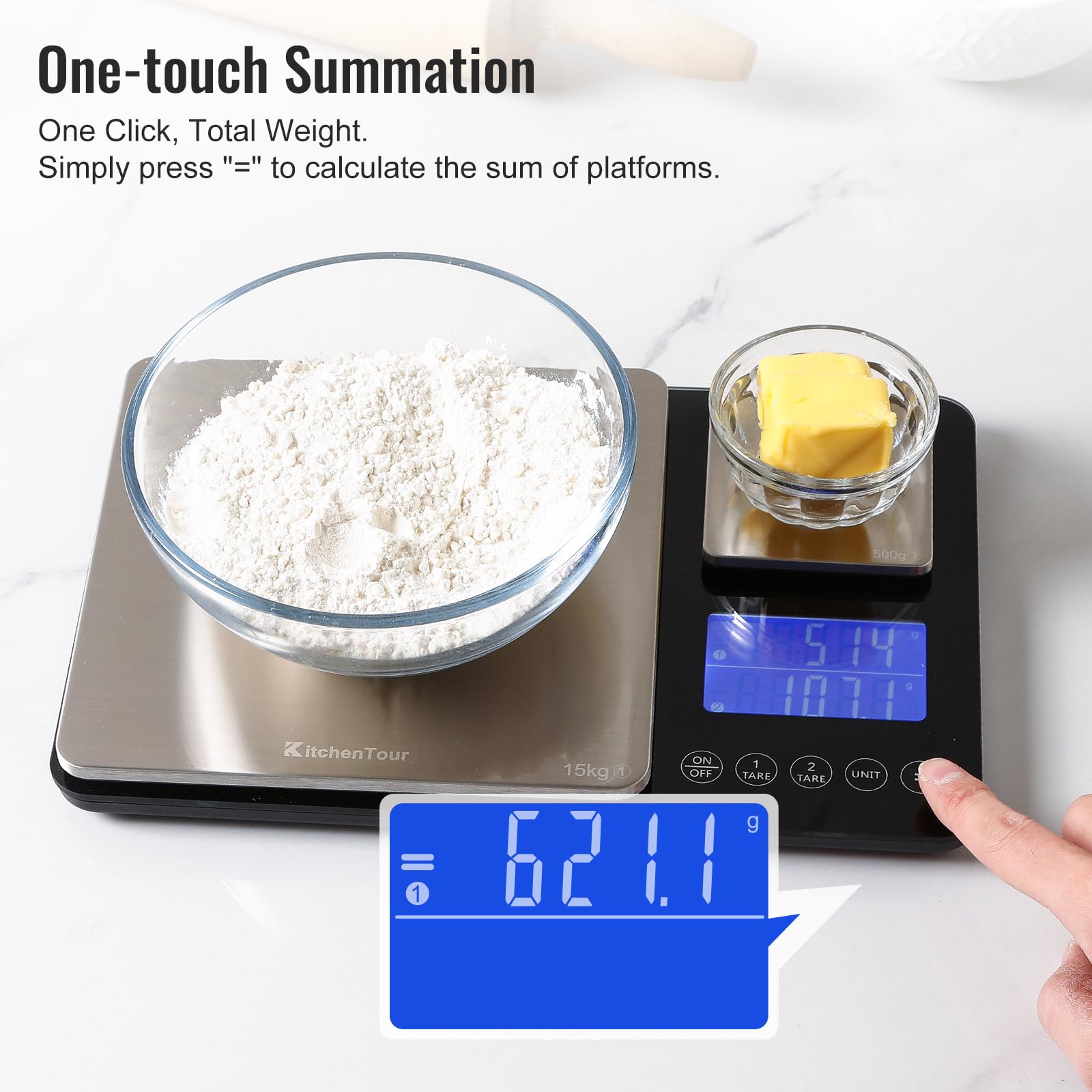 KitchenTour Balance de Cuisine Numérique Double Plateforme avec Fonction Poids Total 500g/0.1g & 15kg/1g Précision pour Cuisson et Pâtisserie Noir