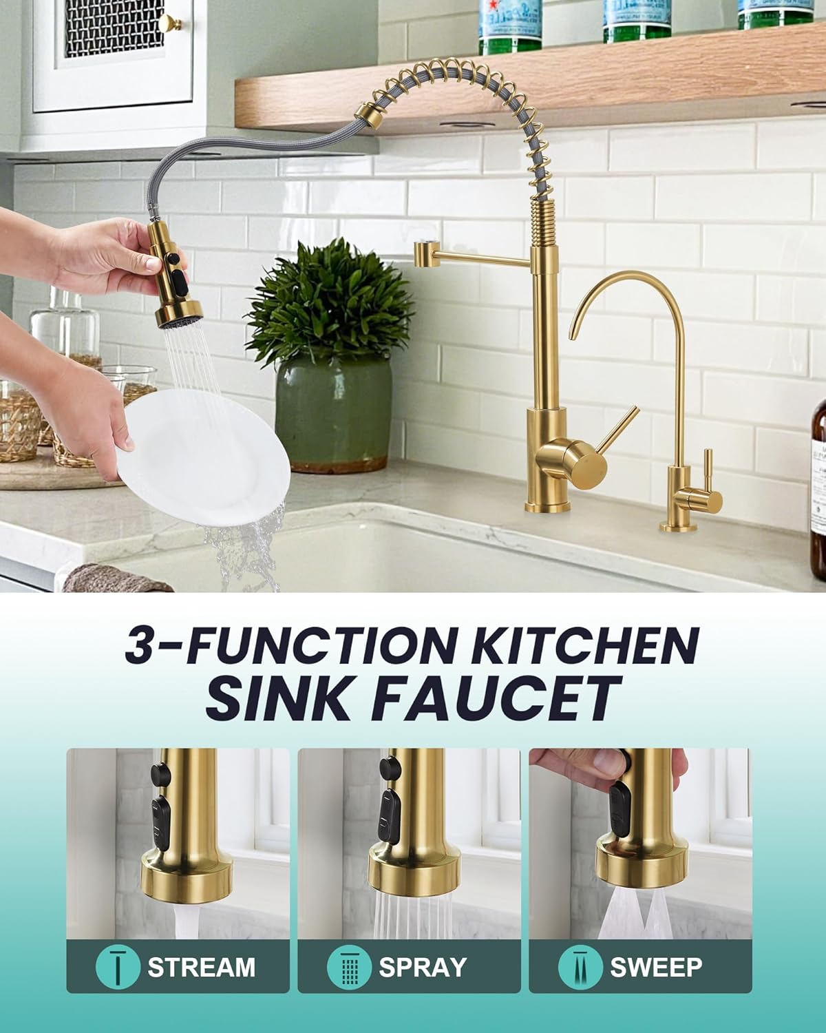 Kitchen Faucet and Water Filter Faucet: Brushed Gold Kitchen Sink Faucet with Drinking Water Faucet - Stainless Steel Single Handle Tap with Pull Down Sprayer for Kitchen Sink Farmhouse Bar - Image 2