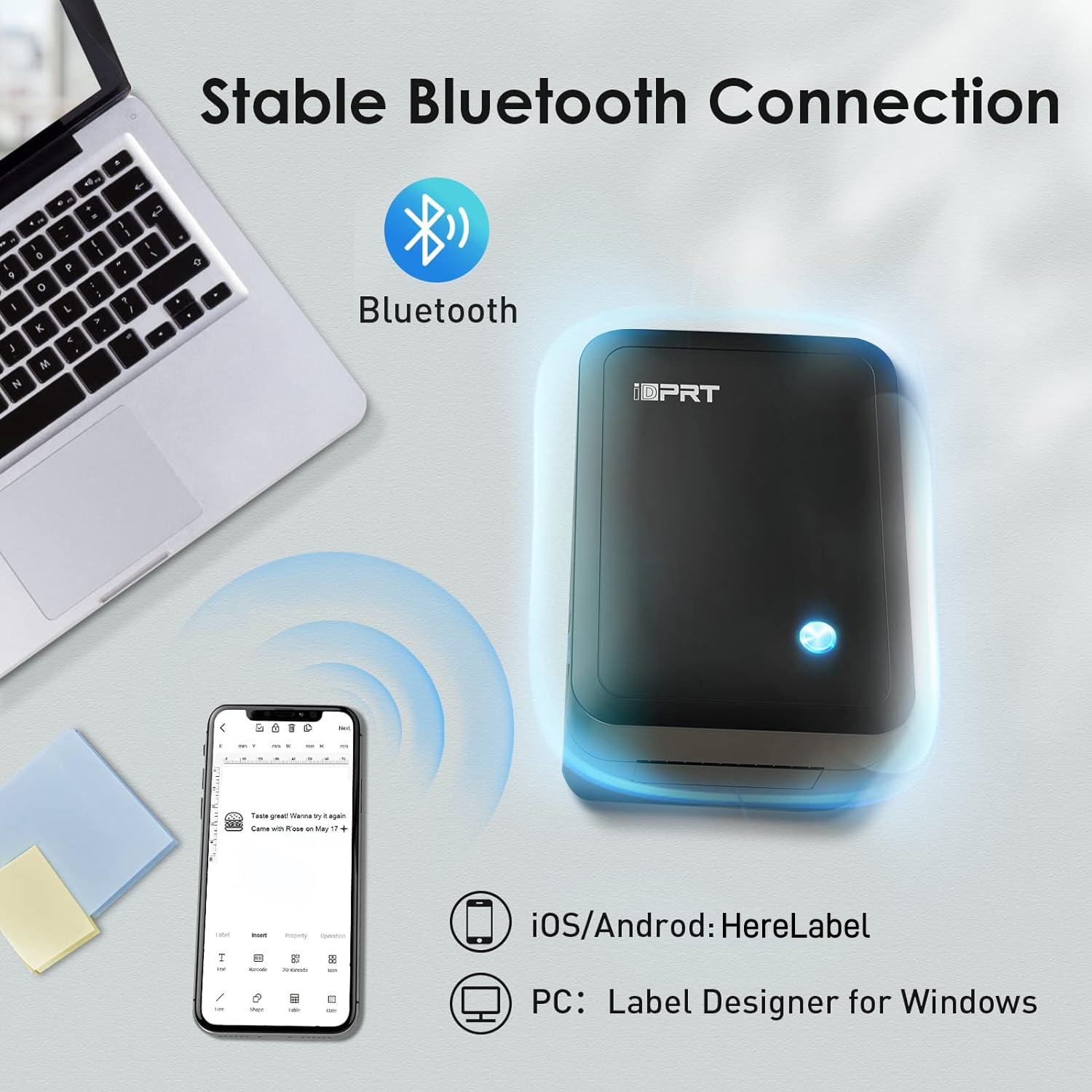 iDPRT Etiquetadora, impresora térmica de códigos de barras sin consumibles, conexión Bluetooth y USB, velocidad de 140 piezas/min, aplicación personalizable, soporta varios tamaños de 1 a 3.15