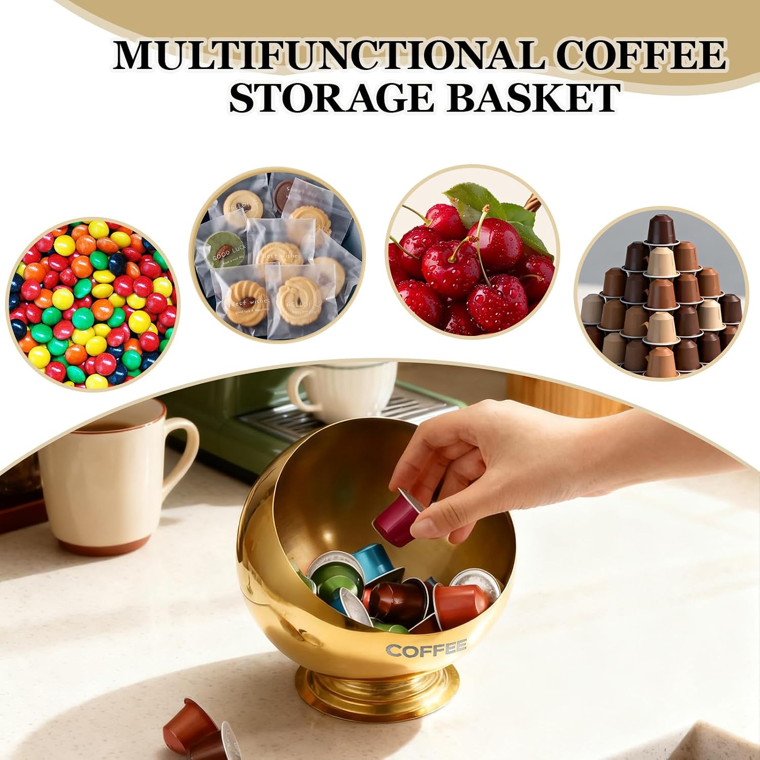 Coffee Pod Holder, Gold Metal Coffee Pod Storage Basket Organizer