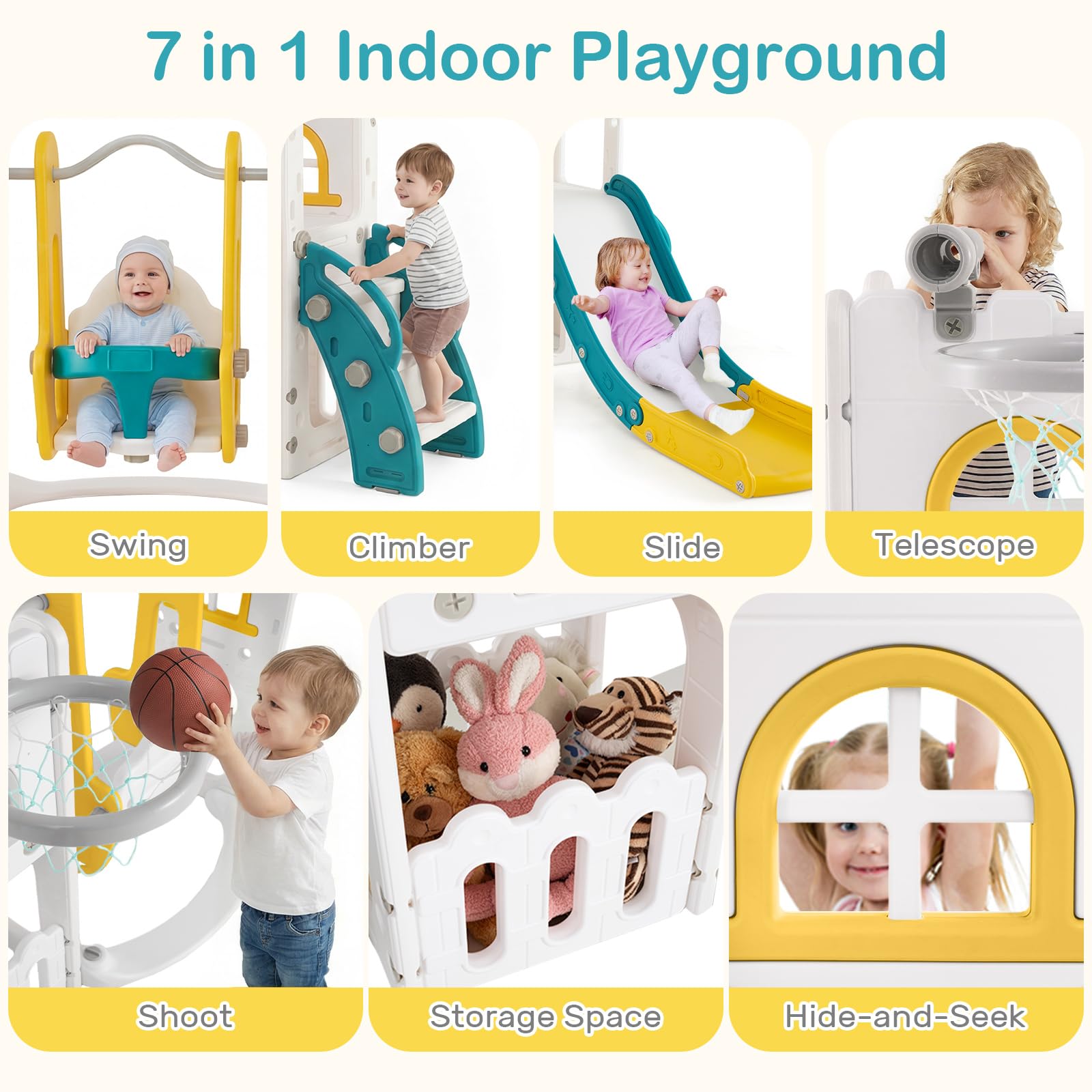 OLAKIDS Toddler Slide and Swing Set, 7 in 1 Kids Indoor Outdoor Playground with Telescope Toy Storage, Climber Basketball Hoop, Ideal Gift for Girls Boys Aged 1+ (Yellow) — view 3