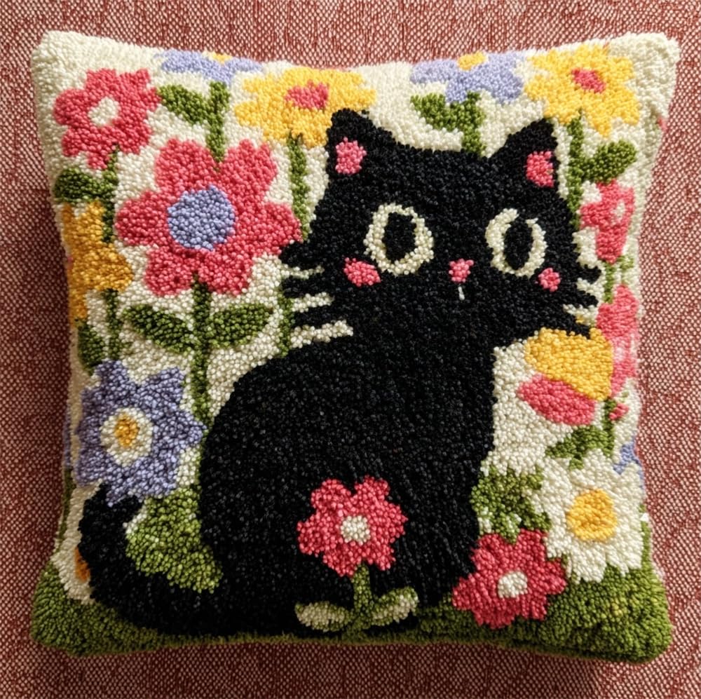 kitphoenix Latch Hook Kits Pillow Black Cat and Flowers