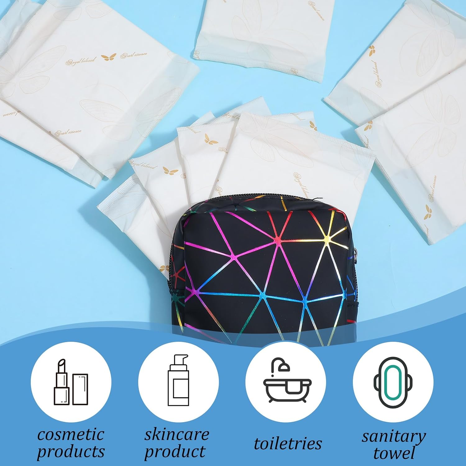 2 Pcs Pad Holder for Purse,5.12x4.33 in Period Pad Pouch,Colourful Striped Period Bags with Zipper,Waterproof Leather,Bright & Portable for School,Travel,Gym