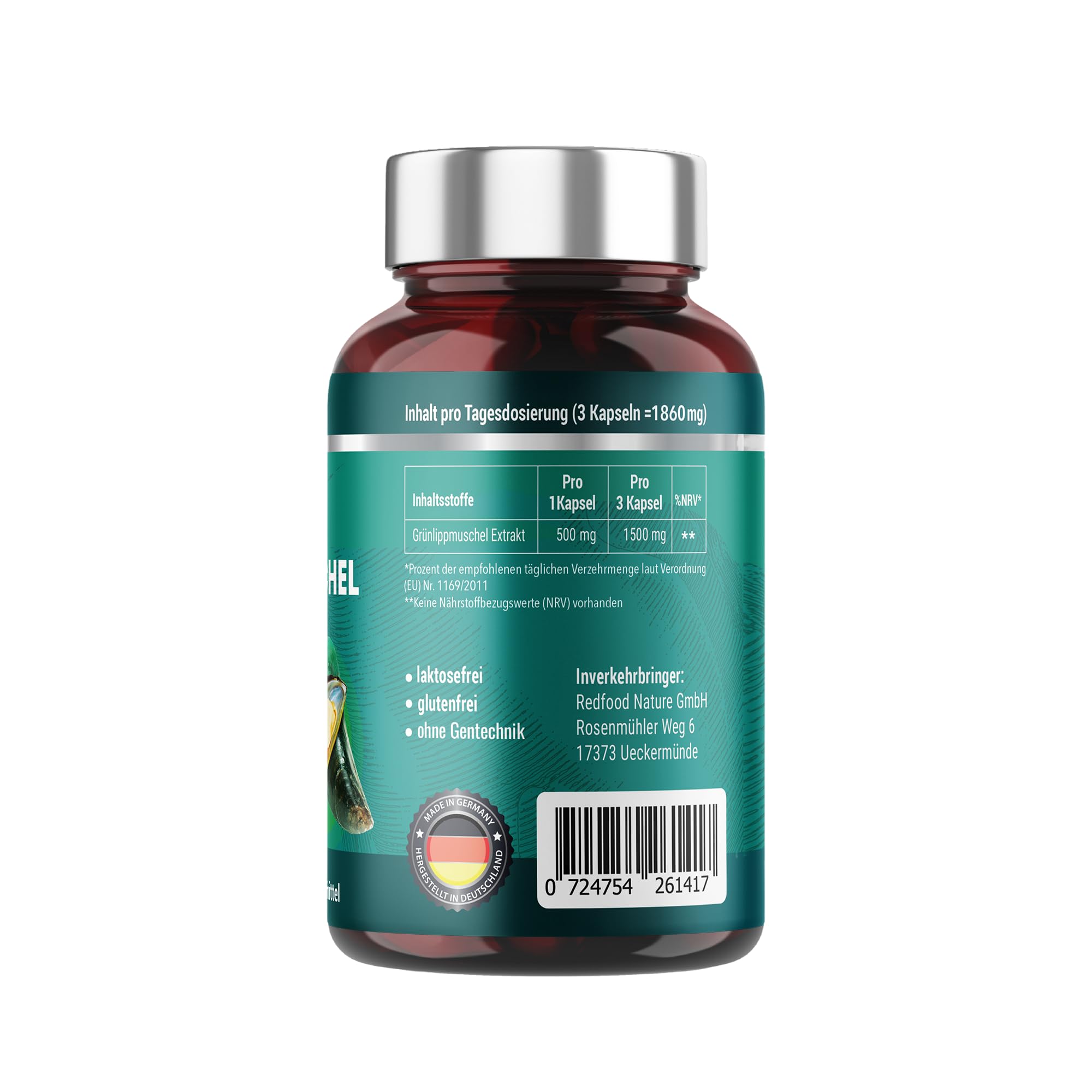 GRÜNLIPPMUSCHEL PREMIUM KAPSELN 1500 MG GRÜNLIPPMUSCHELPULVER PRO PORTION HOCHDOSIERT XXL DOSE 300 KAPSELN 5-3 MONATSVORRAT OHNE MAGNESIUMSTEARATE MADE IN GERMANY VON REDFOOD