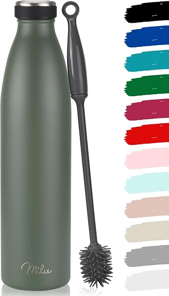 Milu Botella de acero inoxidable de 350ml 500ml 750 ml 1 L 1,5 L botella de agua aislada, termo a prueba de fugas, doble pared, apta para ácido carbónico + cepillo de limpieza (Verde oliva, 1,5 L) - 1