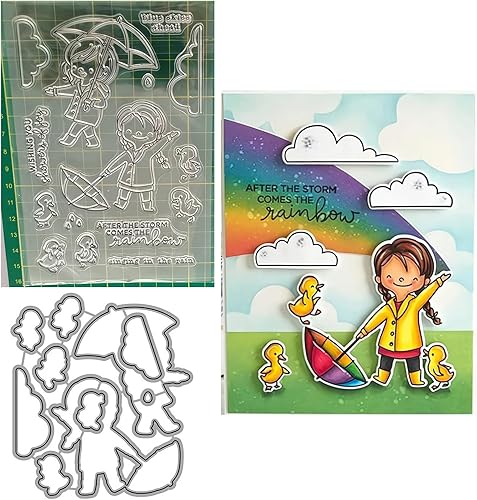 Qoiseys Rainy Girl - Juego de sellos y troqueles transparentes para hacer tarjetas, plantillas cortadas para álbumes de recortes, álbum de fotos, Qoiseys Rainy Girl - Juego de sellos y troqueles transparentes para hacer tarjetas, plantillas cortadas para álbumes de recortes, álbum de fotos,