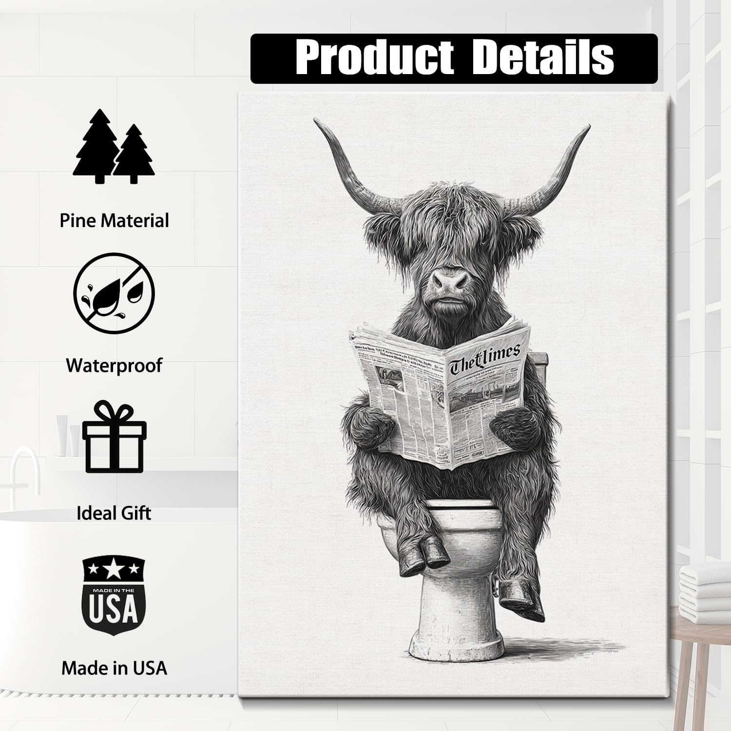 Funny Bathroom Wall Art, Highland Cow Reading Newspaper Canvas Prints, Black and White Farmhouse Framed Bathroom Pictures Wall Decor for Guest Bath, Ready to Hang 12 * 16in