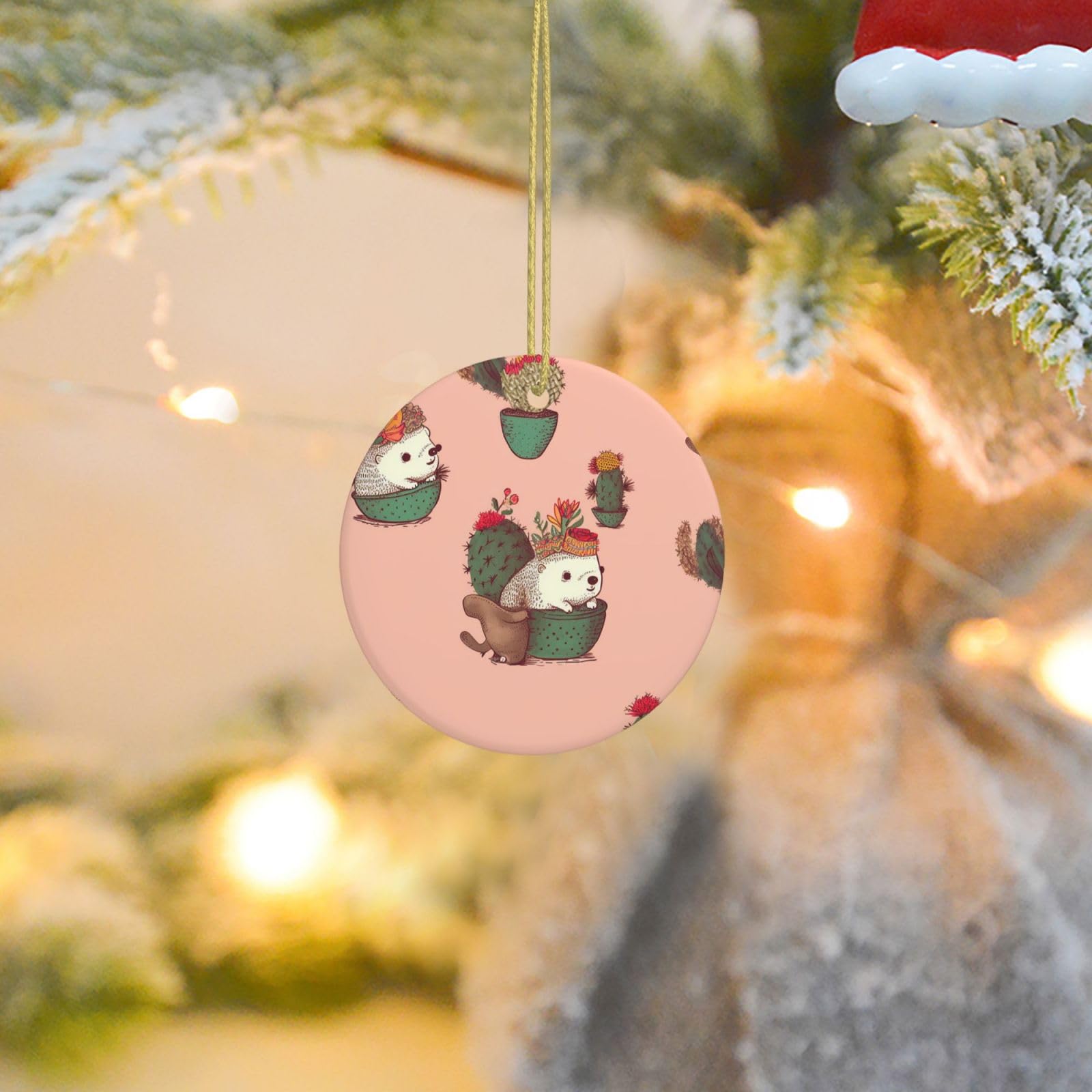 Christmas Tree Ornaments Ceramics Christmas Round Decorations Hedgehog and Cactus Ceramics Ornaments Circle Pentagram Xmas Tree Hanging Pendant for Christmas Tree Party Holiday Home Decor
